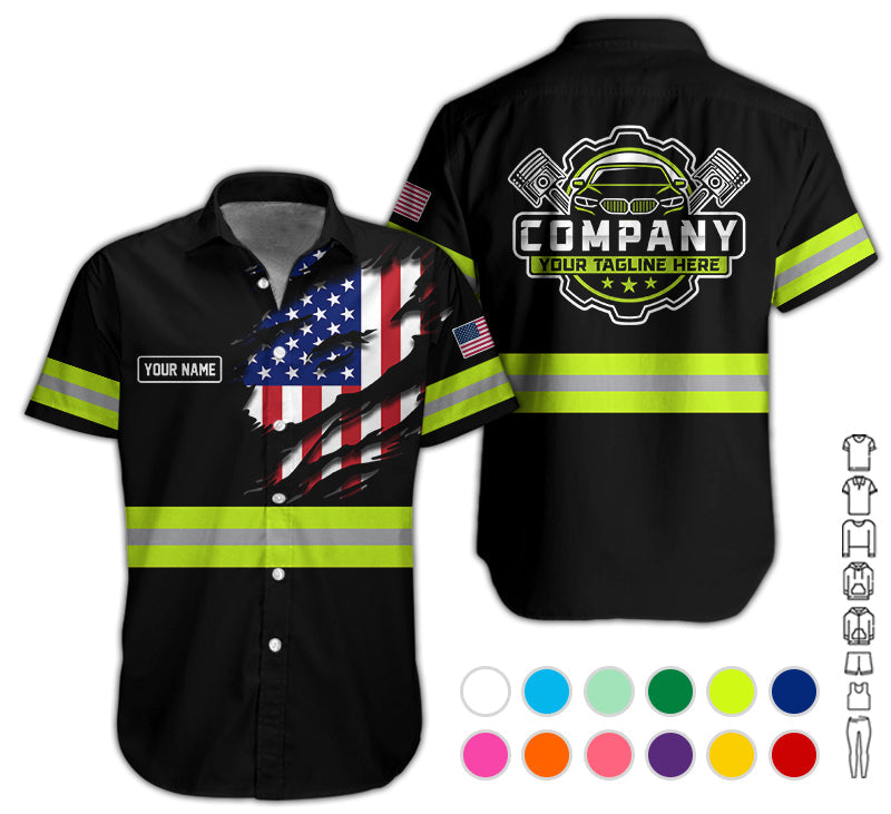 Personalized Auto Technician Shirt in Yellow Green, Custom Name Printed, Gift for Boyfriend, Husband, or Dad Who Loves Working on Cars
