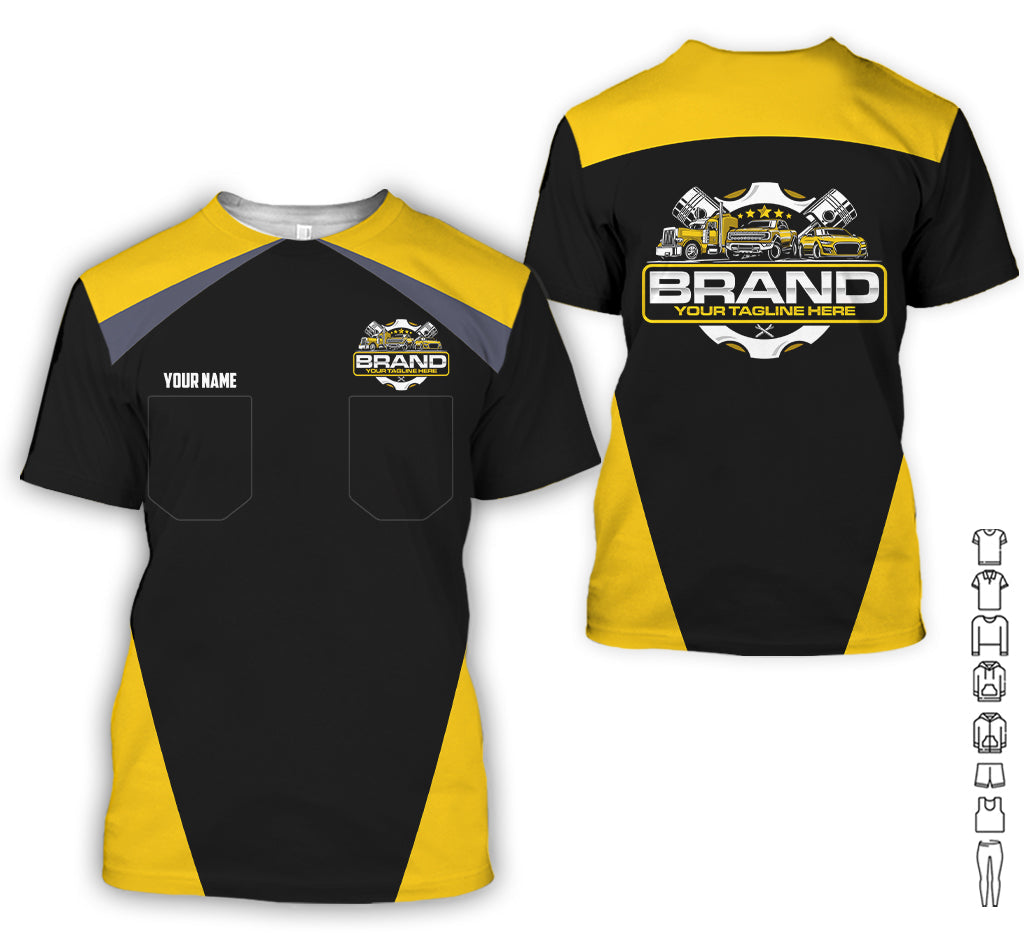 Personalized Mechanic Uniform for Men, 3D Printed Pocket Shirt for Auto Technicians, Yellow Color, Great Gift for Car Guys