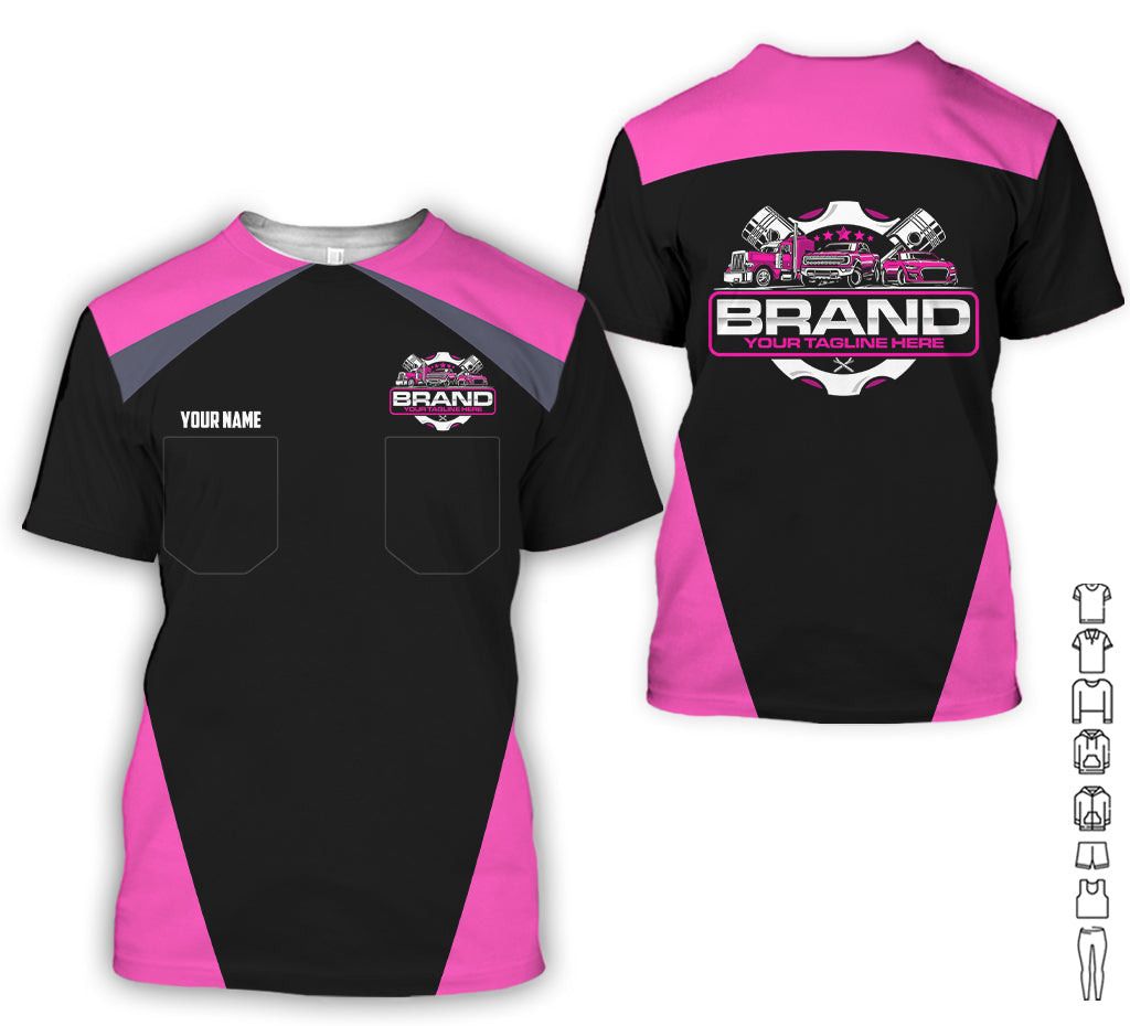 Personalized Mechanic Uniform for Men, 3D Printed Pocket Shirt for Auto Technicians, Pink Color, Great Gift for Car Guys