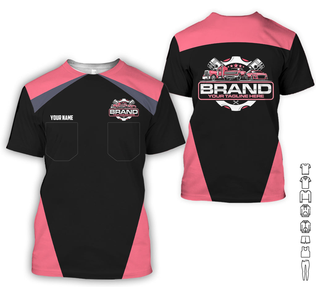 Personalized Mechanic Uniform for Men, 3D Printed Pocket Shirt for Auto Technicians, Neon Pink Color, Great Gift for Car Guys