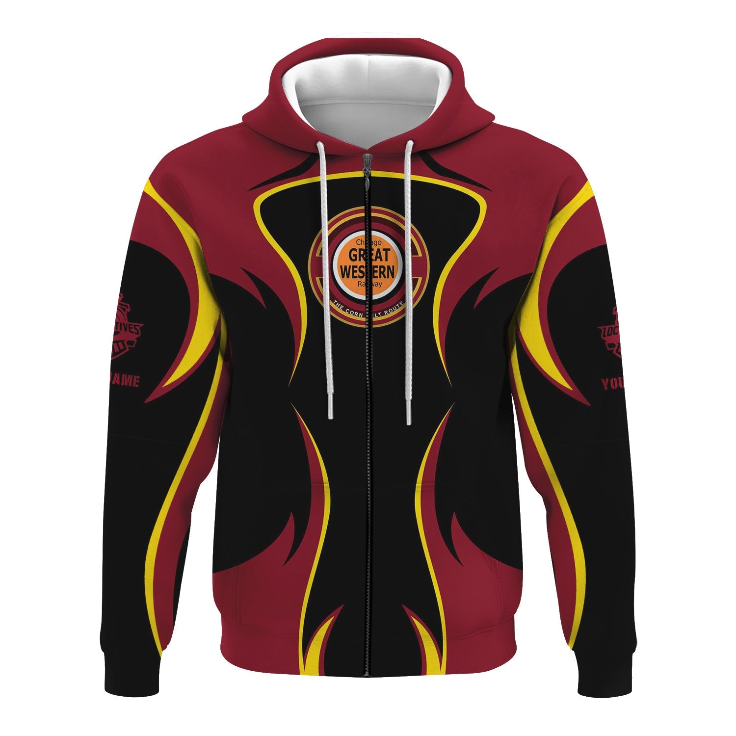 Railspirit Personalized Chicago Great Western Railroad Hoodie Distinctive Flame Style Zip Up Hoodie For Steam Engine Addict