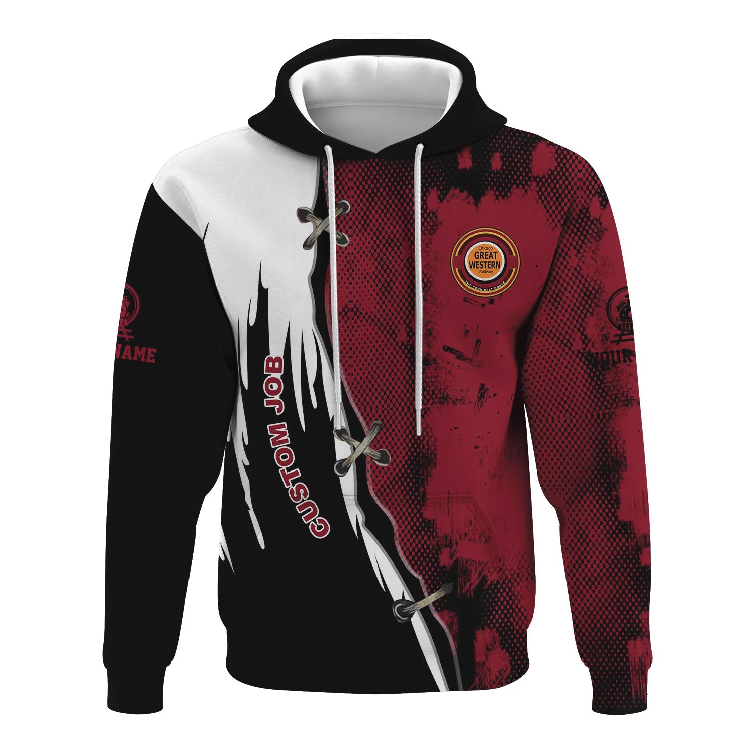 Railspirit Personalized Chicago Great Western Railroad Hoodie Retro Stitches Design with Custom Position Train Zip Up Hoodie