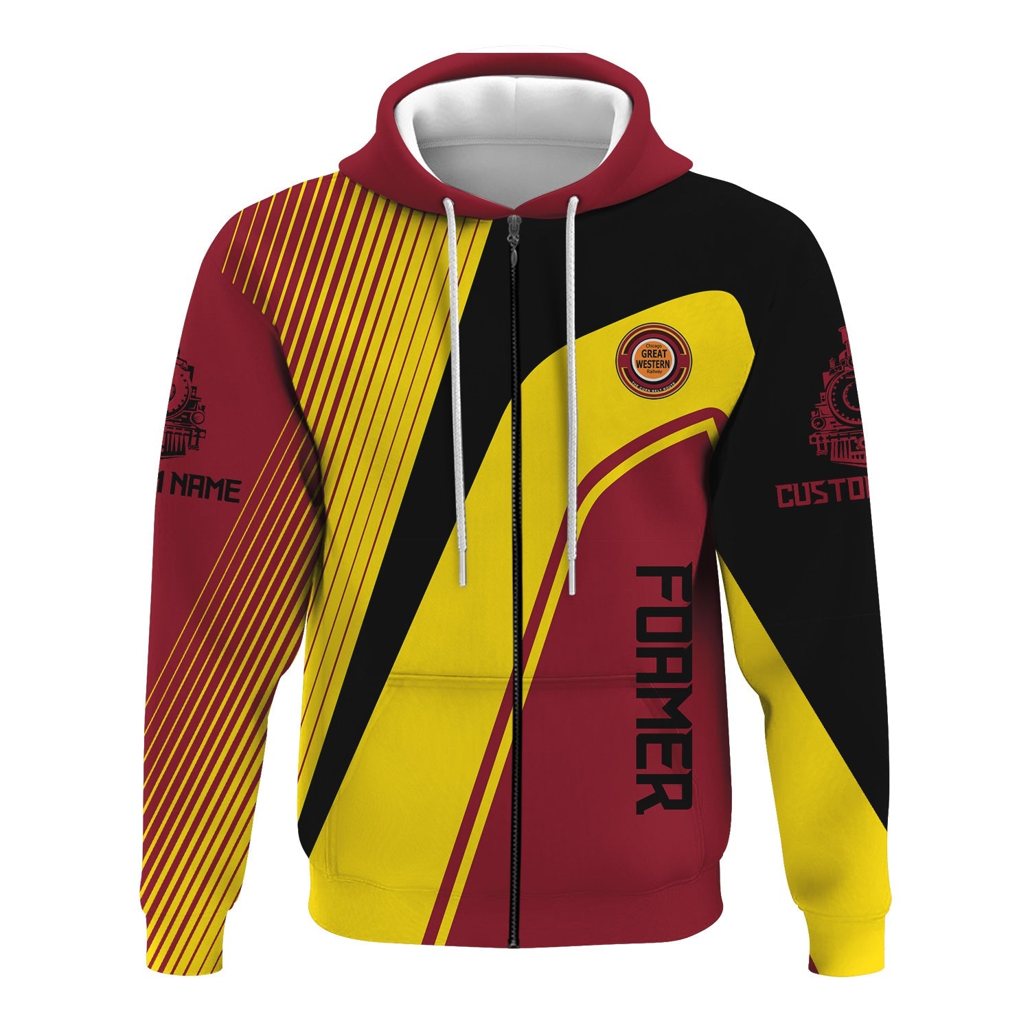 Railspirit Personalized Chicago Great Western Railroad Hoodie Vibrant Striking Style Zip Up Hoodie For Rail Enthusiasts