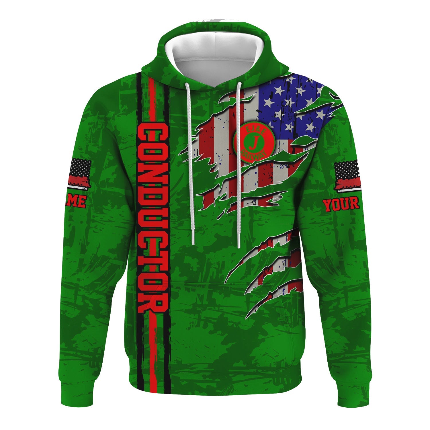 Railspirit Personalized Elgin Joliet And Eastern Railroad Hoodie USA Flag Claw Art with Custom Job Train Zip Up Hoodie