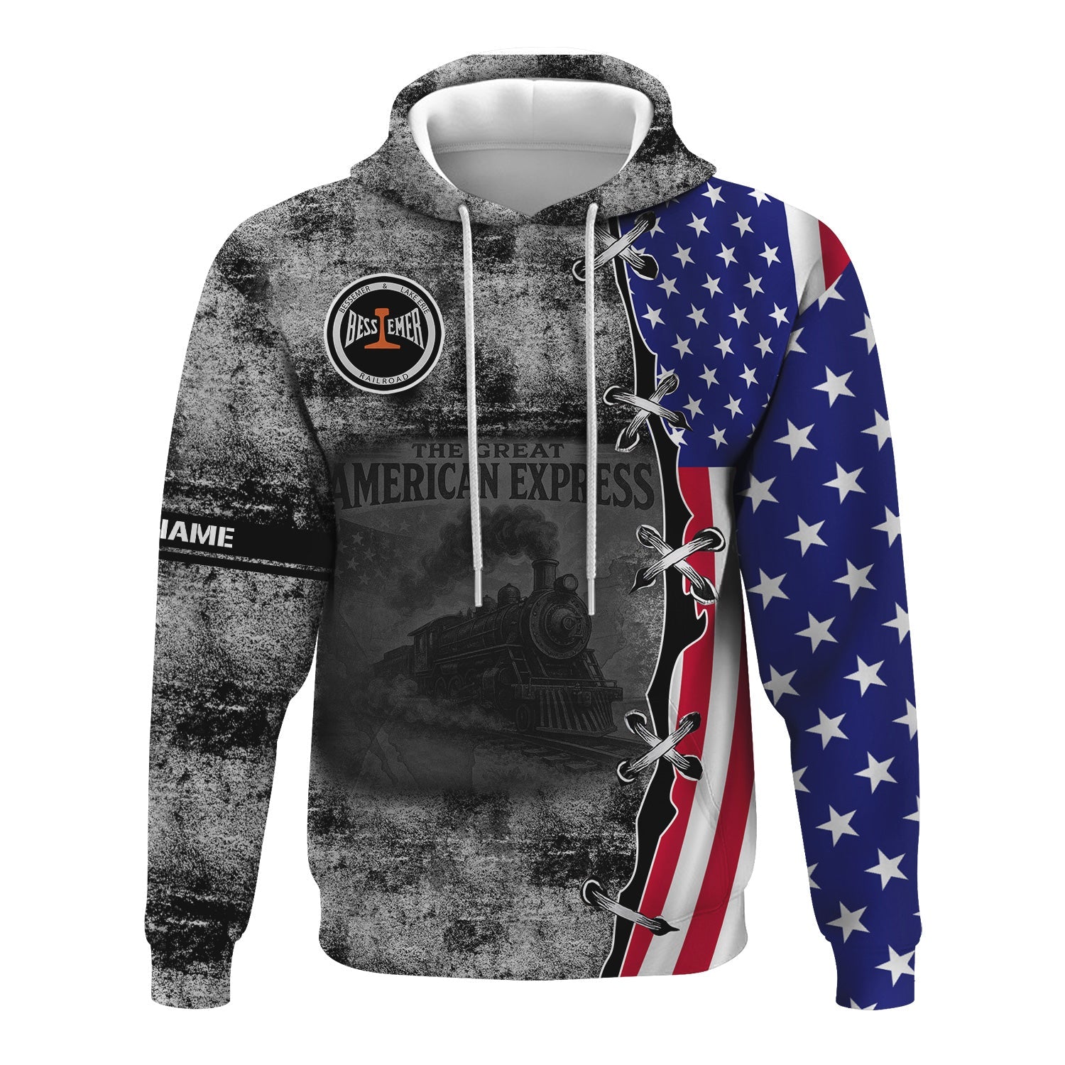 Railspirit Personalized Bessemer And Lake Erie Railroad Hoodie Retro American Express Train With USA Flag Zip Up Hoodie