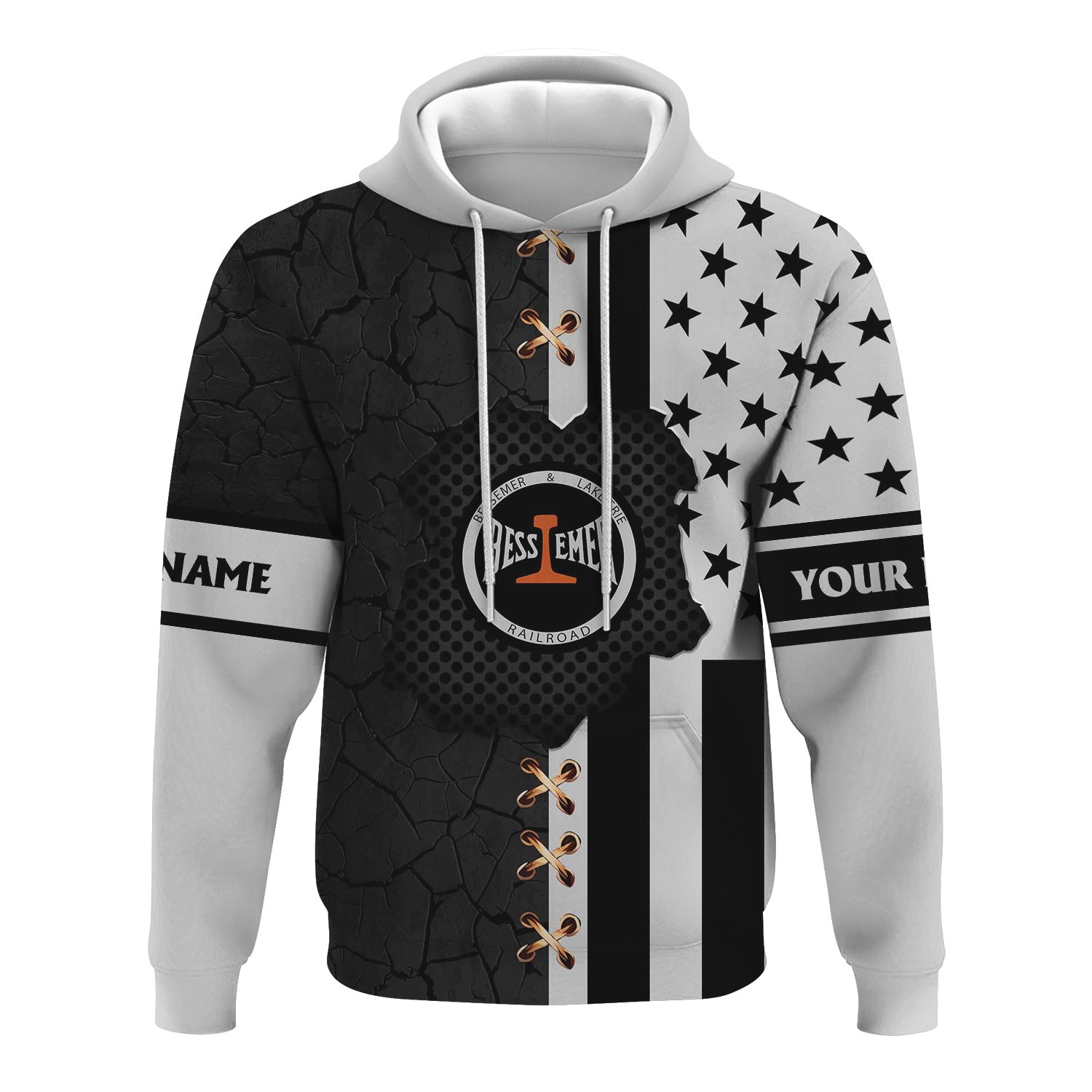 Railspirit Personalized Bessemer And Lake Erie Railroad Hoodie American Flag with Crack Effect Train Zip Up Hoodie