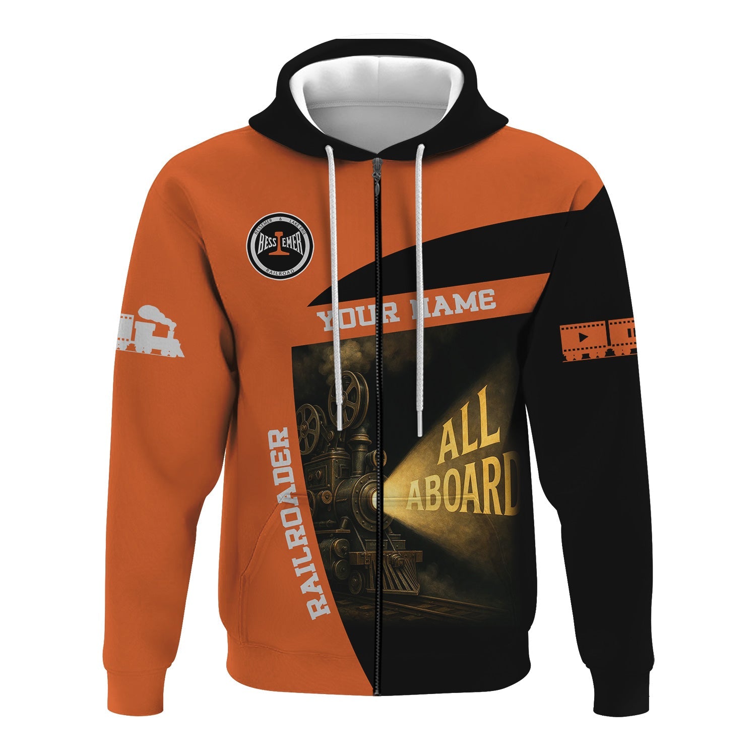 Railspirit Personalized Bessemer And Lake Erie Railroad Hoodie All Aboard Steam Train Movie Projector Style Zip Up Hoodie