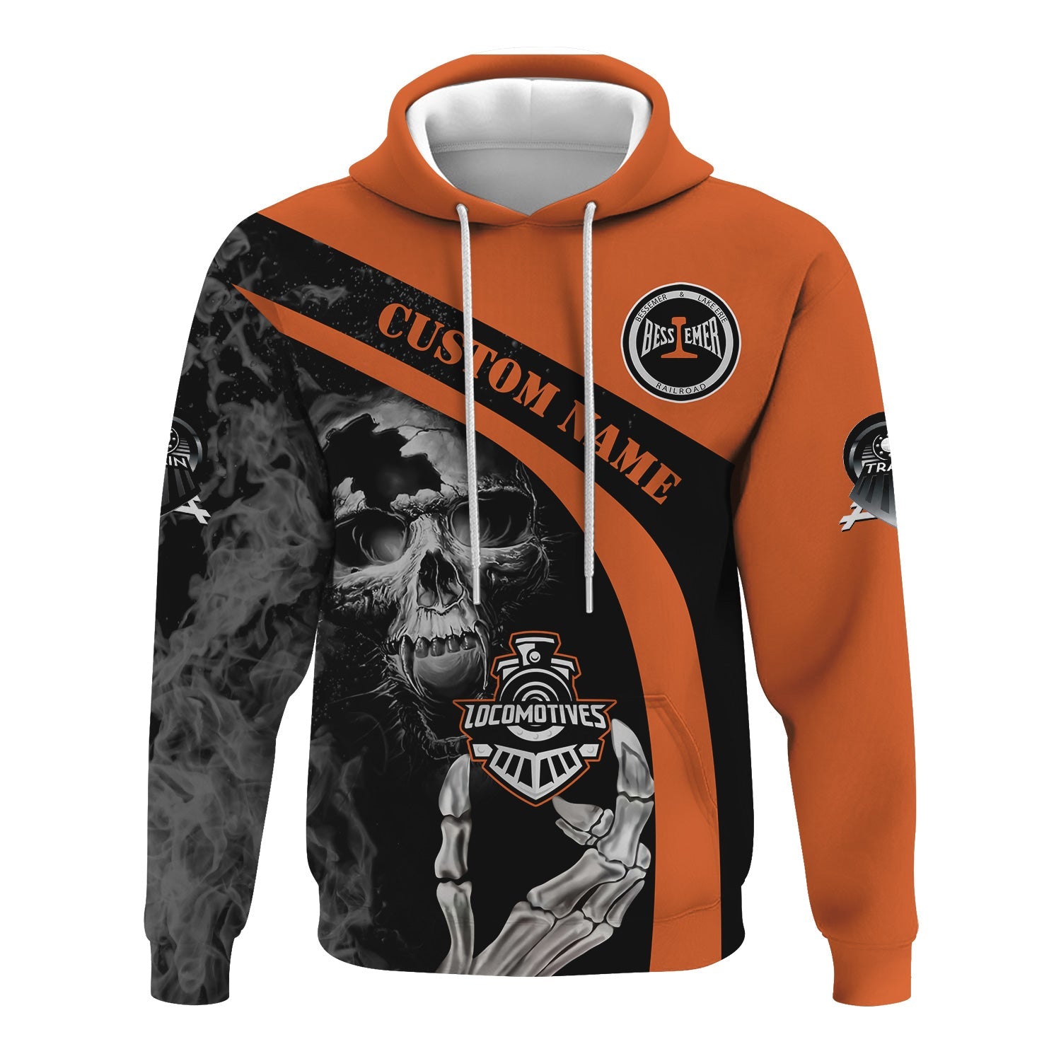 Railspirit Personalized Bessemer And Lake Erie Railroad Hoodie Flame Skull Design Train Zip Up Hoodie for Locomotive Fans