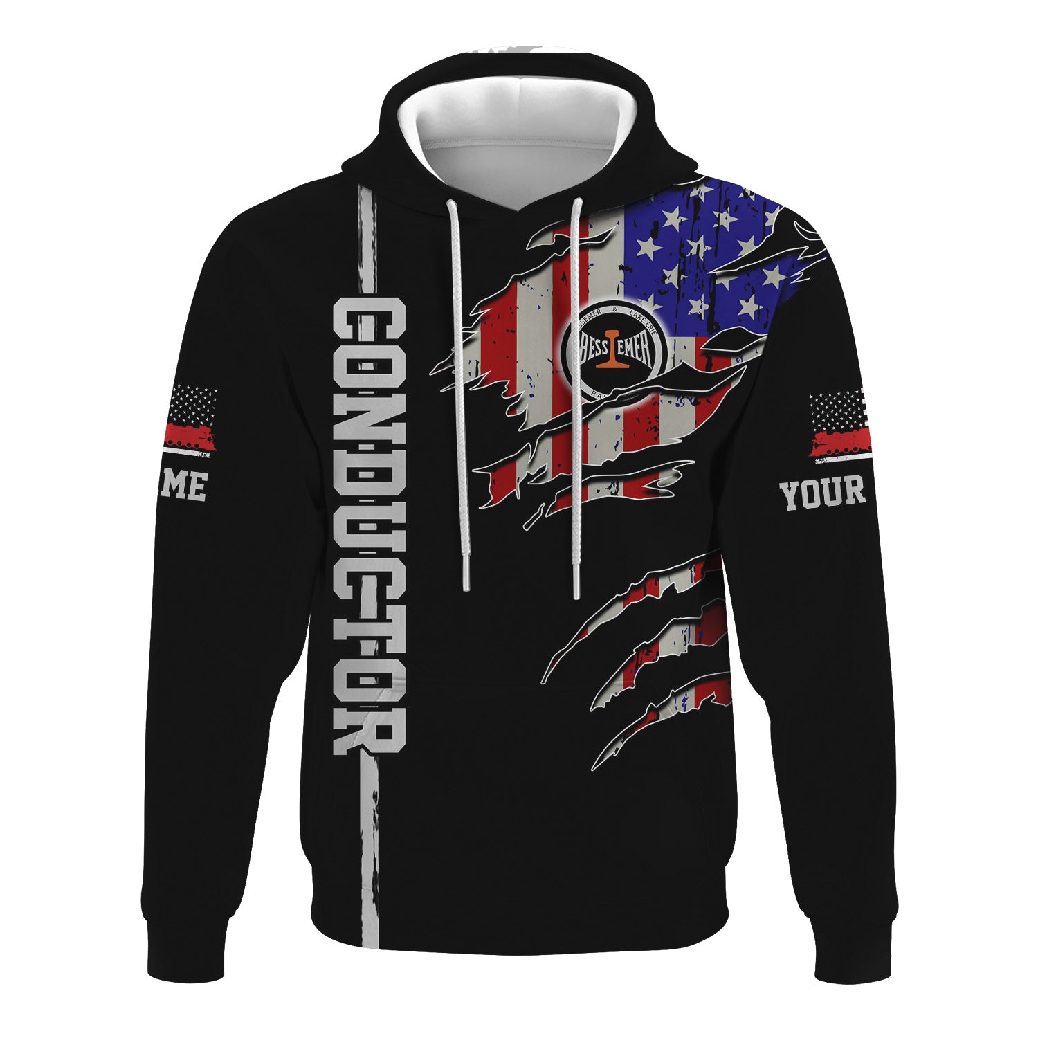 Railspirit Personalized Bessemer And Lake Erie Railroad Hoodie USA Flag Claw Art with Custom Job Train Zip Up Hoodie