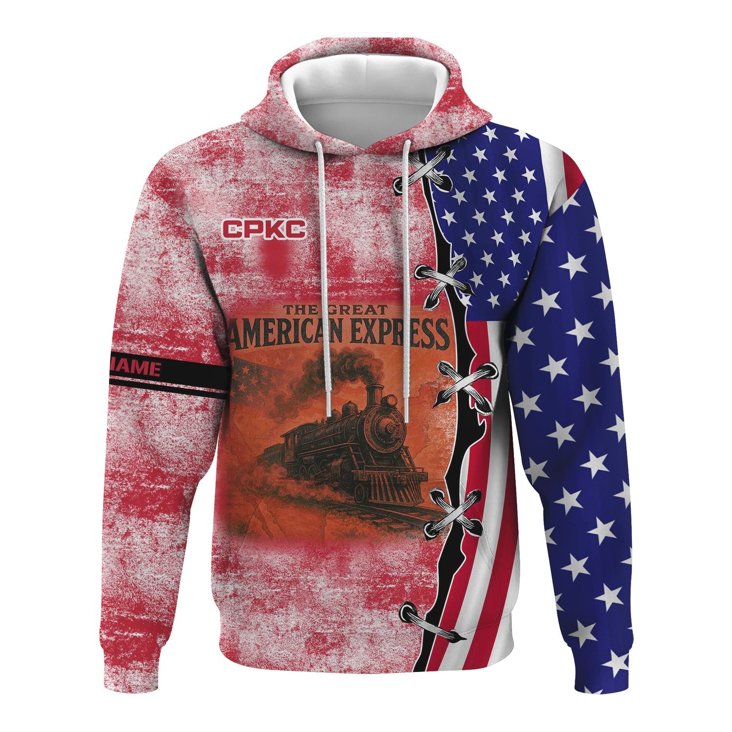 Railspirit Personalized Canadian Pacific Kansas City Hoodie Retro American Express Train With USA Flag CPKC Zip Up Hoodie