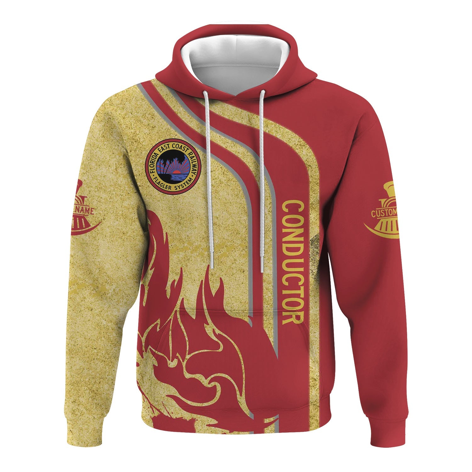 Railspirit Personalized Florida East Coast Railway Hoodie Flame Design with Custom Job Position Train Zip Up Hoodie