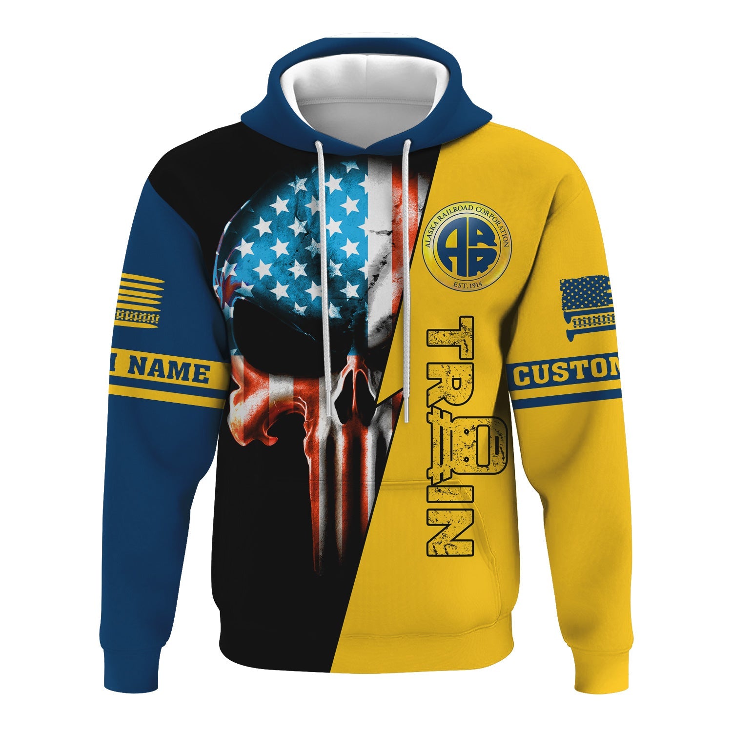 Railspirit Personalized Alaska Railroad Hoodie Train Skull American Flag Zip Up Hoodie All Over Print