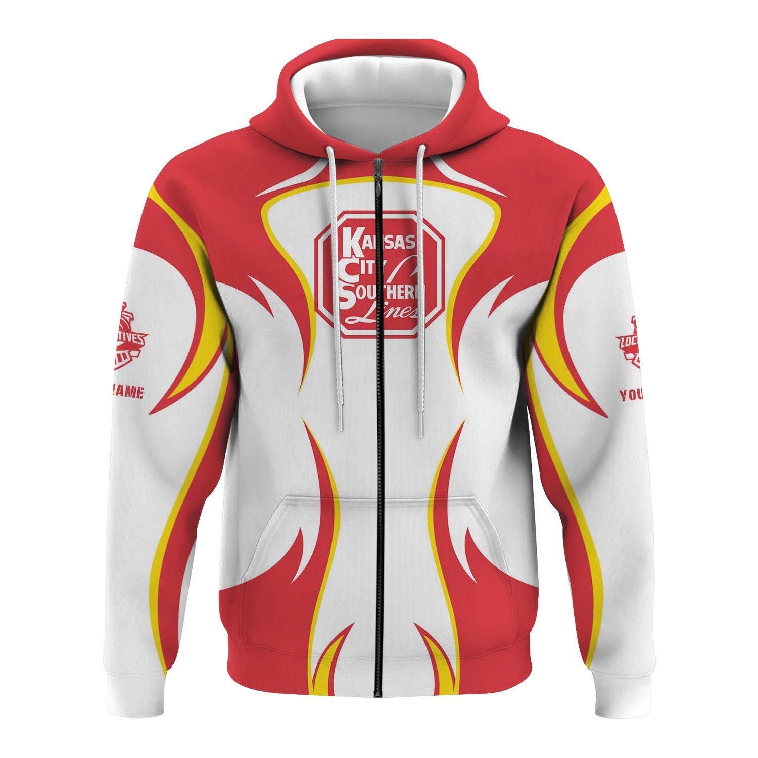 Railspirit Personalized Kansas City Southern Hoodie Distinctive Flame Style Zip Up Hoodie For Steam Engine Addict