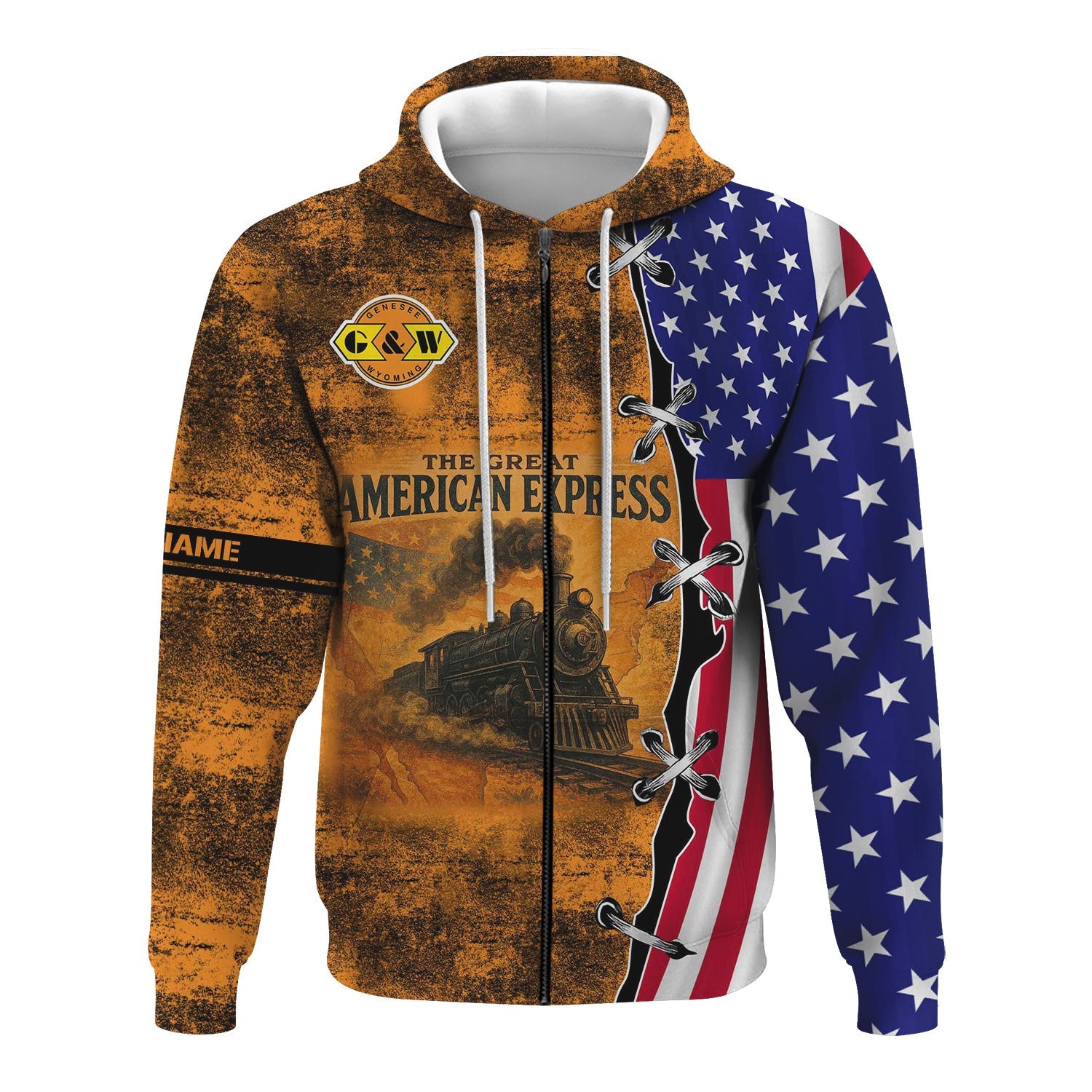 Railspirit Personalized Genesee & Wyoming Inc. Railroad Hoodie Retro American Express Train With USA Flag Zip Up Hoodie