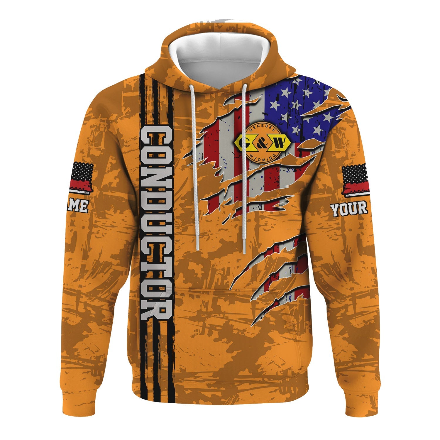 Railspirit Personalized Genesee & Wyoming Inc. Railroad Hoodie USA Flag Claw Art with Custom Job Train Zip Up Hoodie