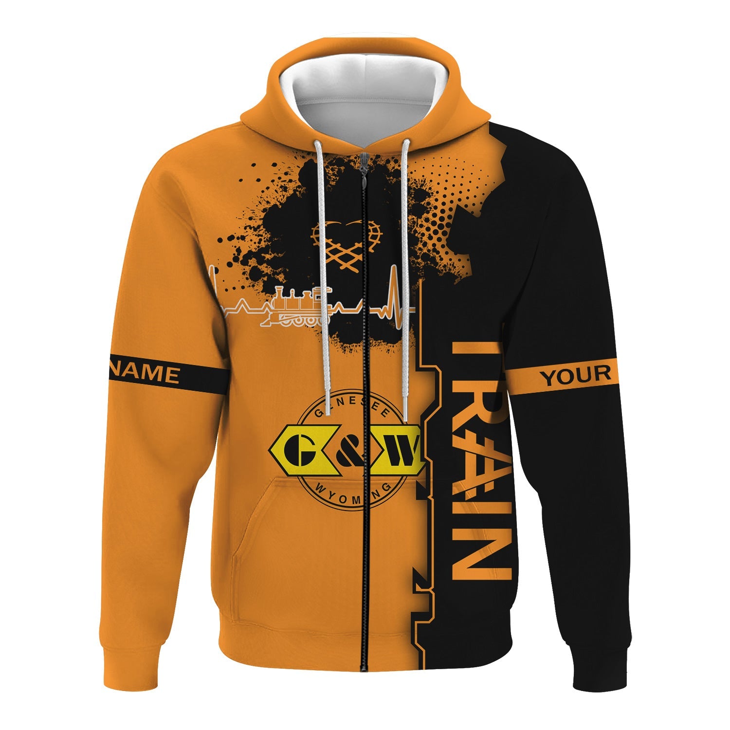 Railspirit Personalized Genesee & Wyoming Inc. Railroad Hoodie Engine Heartbeat and Track Love Style Zip Up Hoodie Gift Idea For Train Lovers