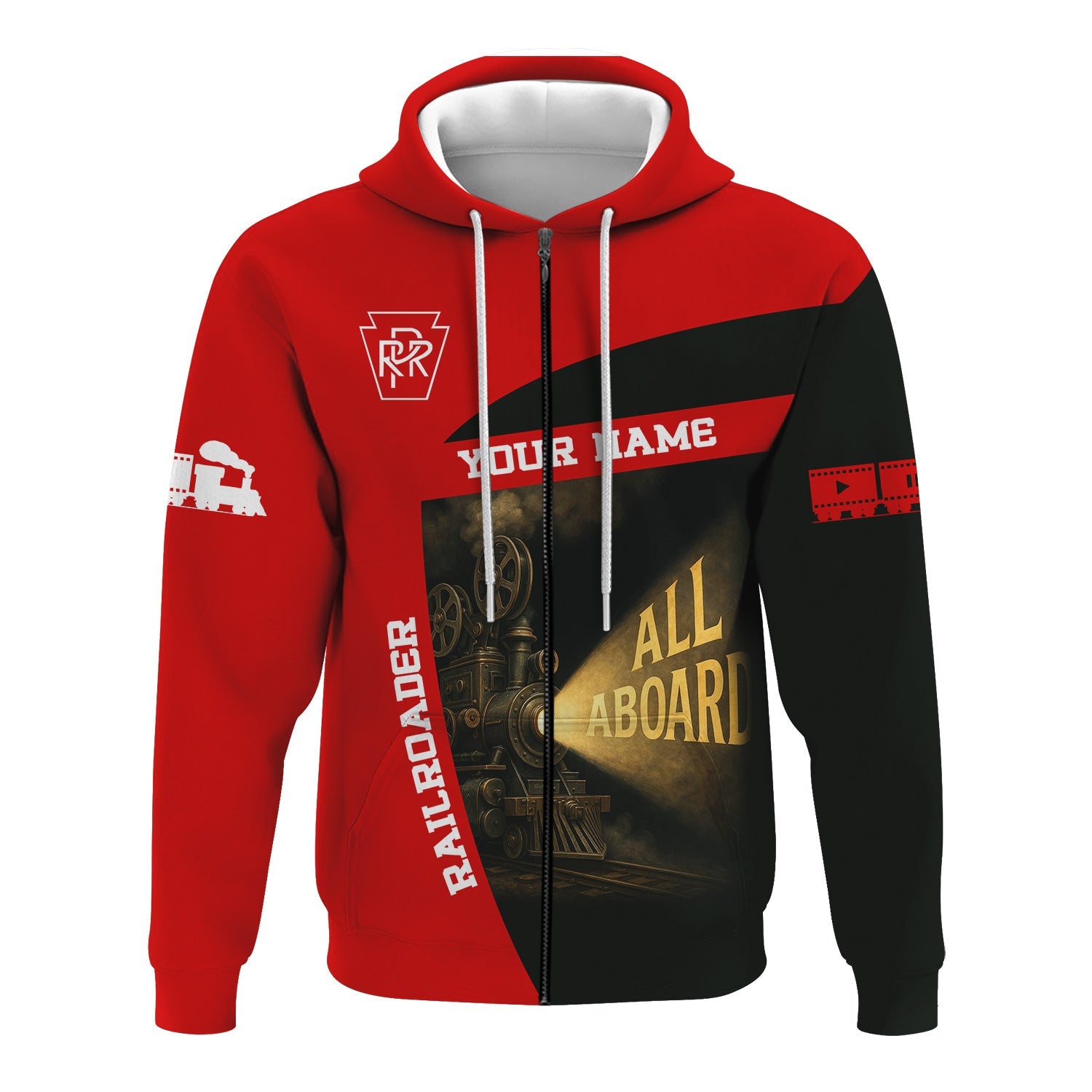 Railspirit Personalized Pennsylvania Railroad Hoodie All Aboard Steam Train Movie Projector Style Zip Up Hoodie