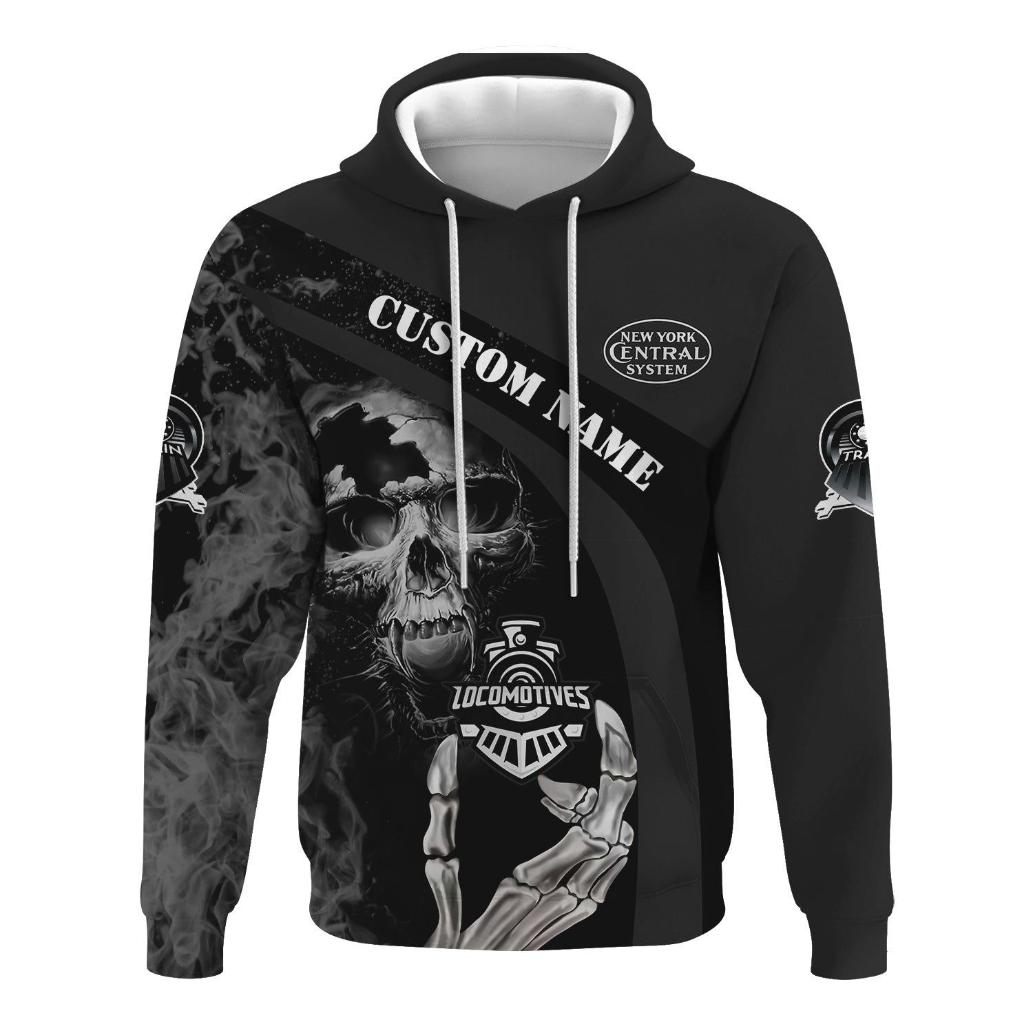 Railspirit Personalized New York Central Railroad Hoodie Flame Skull Design Train Zip Up Hoodie for Locomotive Fans