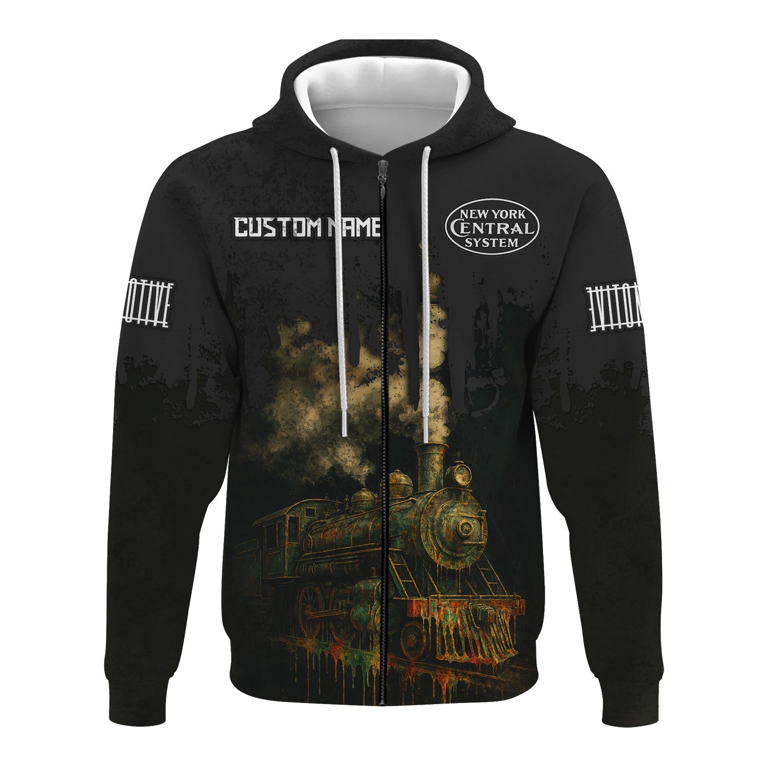 Railspirit Personalized New York Central Railroad Hoodie Vintage Train Art Style Zip Up Hoodie For Locomotive Fans