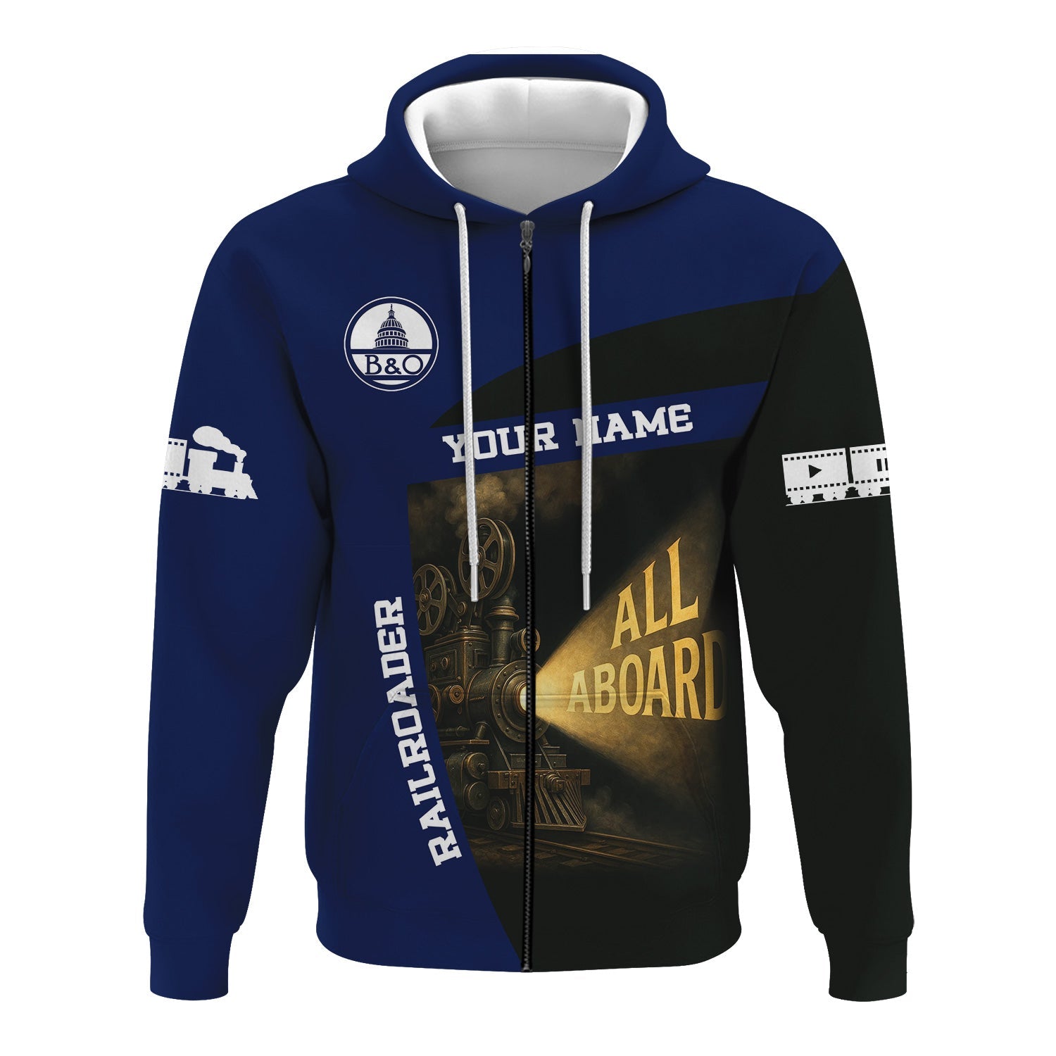 Railspirit Personalized Baltimore and Ohio Railroad Hoodie All Aboard Steam Train Movie Projector Style B&O Zip Up Hoodie