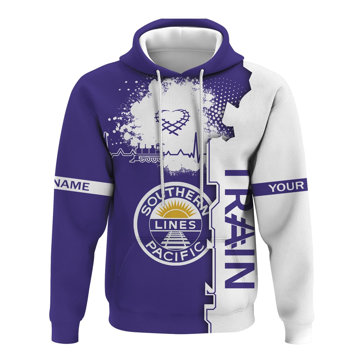 Railspirit Personalized Southern Pacific Railroad Hoodie Engine Heartbeat and Track Love Style Zip Up Hoodie Gift Idea For Train Lovers