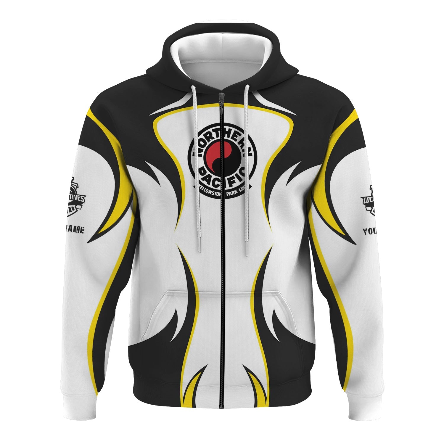 Railspirit Personalized Northern Pacific Railway Hoodie Distinctive Flame Style Zip Up Hoodie For Steam Engine Addict