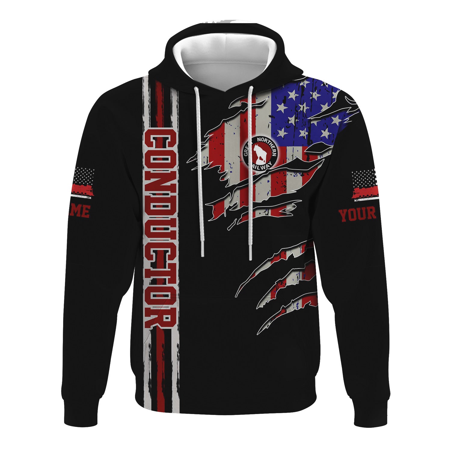 Railspirit Personalized Great Northern Railway Hoodie USA Flag Claw Art with Custom Job GNR Train Zip Up Hoodie