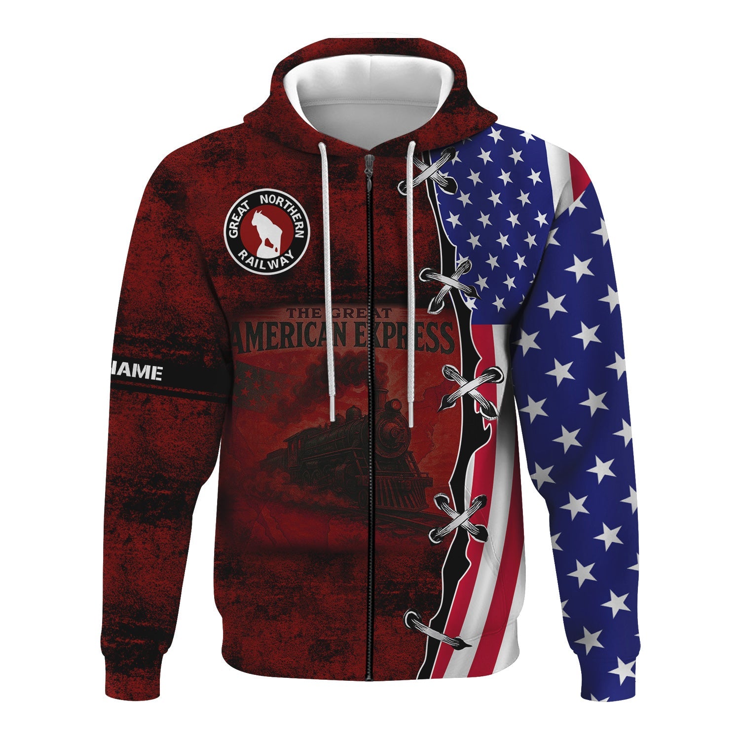 Railspirit Personalized Great Northern Railway Hoodie Retro American Express Train With USA Flag GNR Zip Up Hoodie