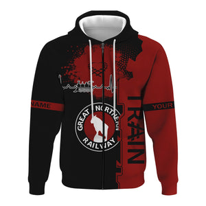 Railspirit Personalized Great Northern Railway Hoodie Engine Heartbeat and Track Love Style GNR Zip Up Hoodie Gift Idea For Train Lovers