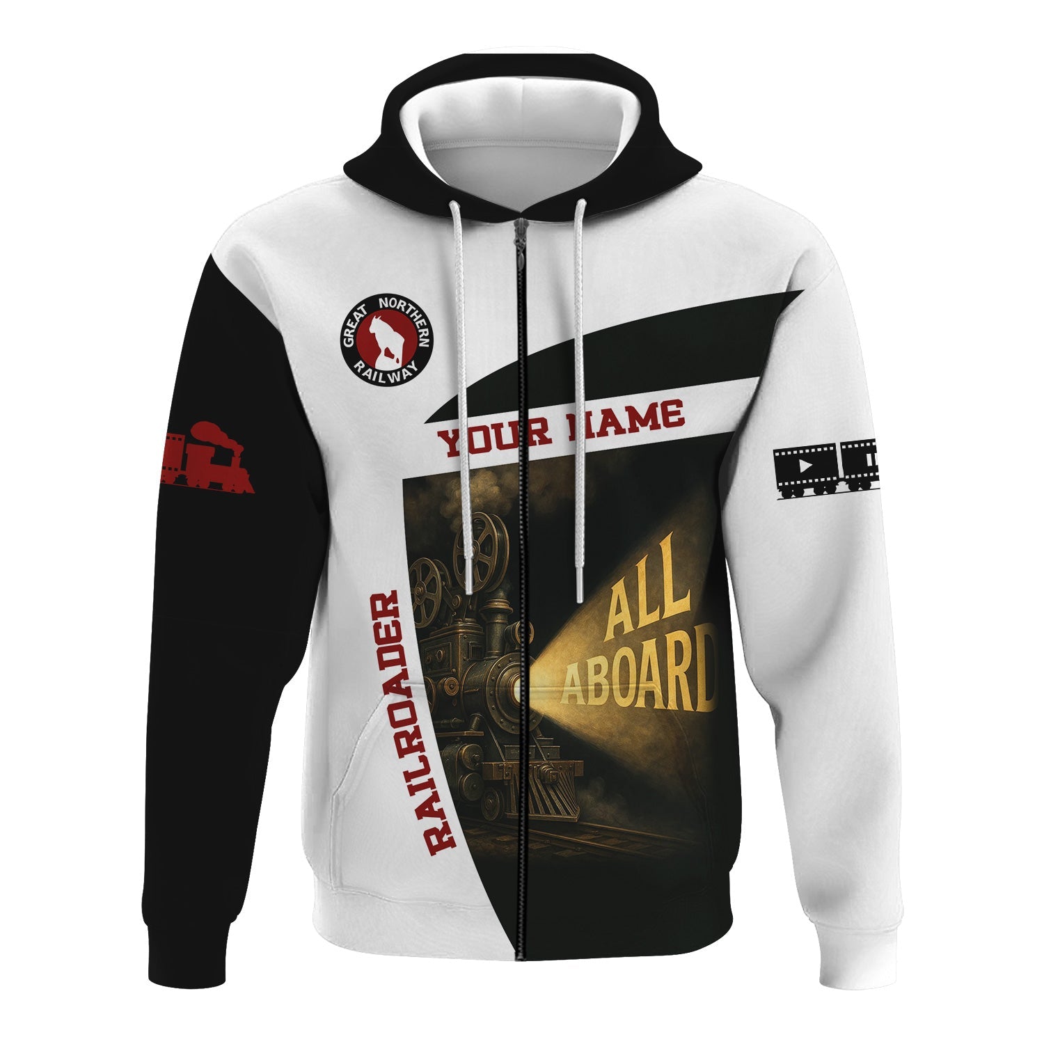 Railspirit Personalized Great Northern Railway Hoodie All Aboard Steam Train Movie Projector Style GNR Zip Up Hoodie