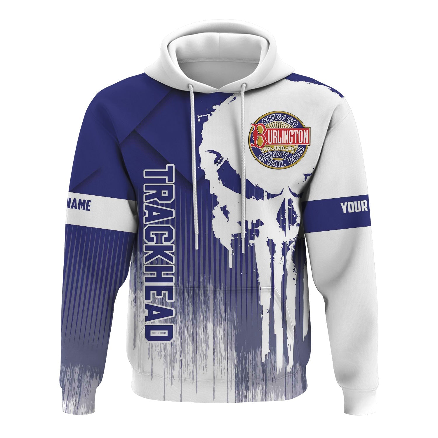 Railspirit Personalized Chicago, Burlington and Quincy Railroad Hoodie Skull Design with Custom Job Train Zip Up Hoodie for Trackhead Crew