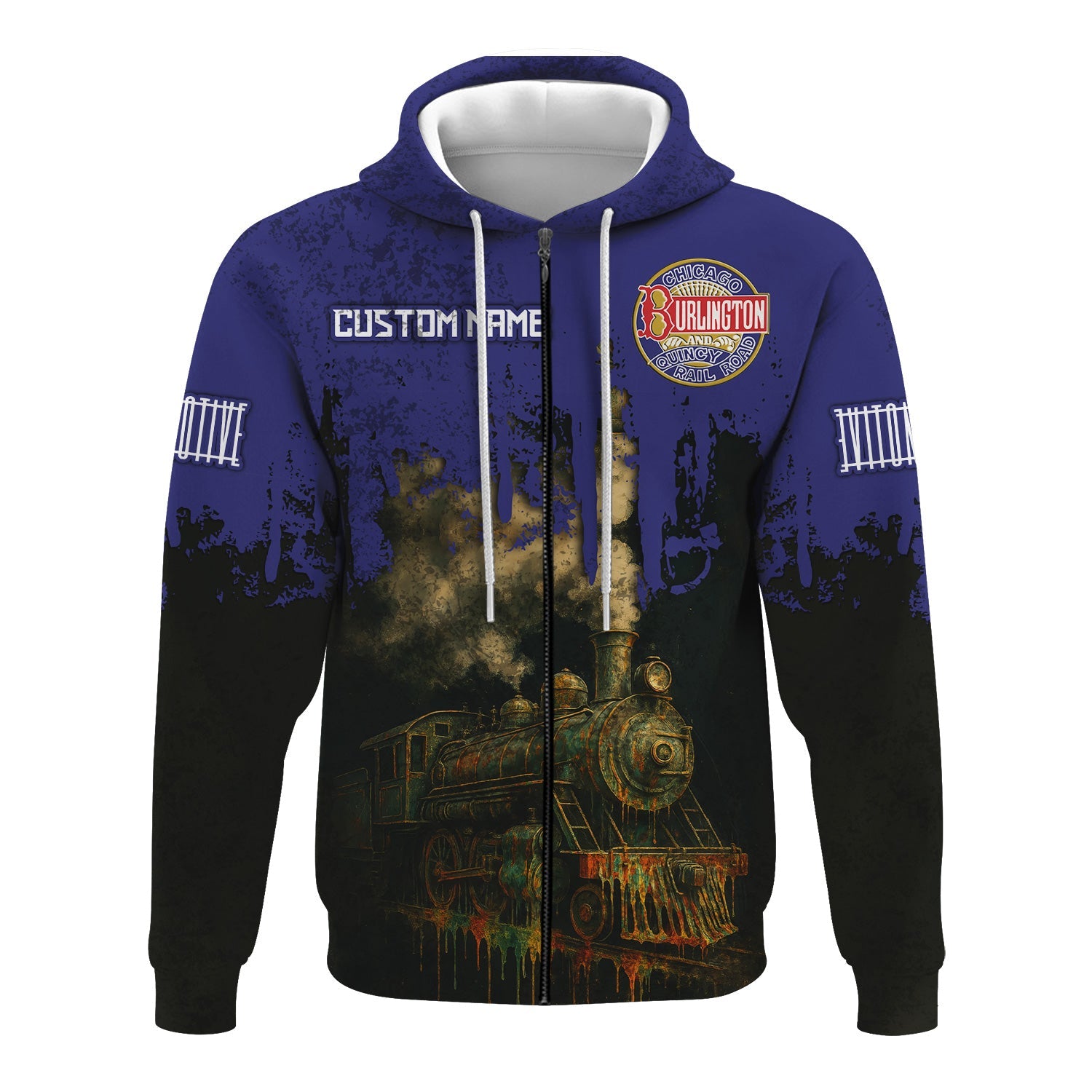 Railspirit Personalized Chicago, Burlington and Quincy Railroad Hoodie Vintage Train Art Style Zip Up Hoodie For Locomotive Fans