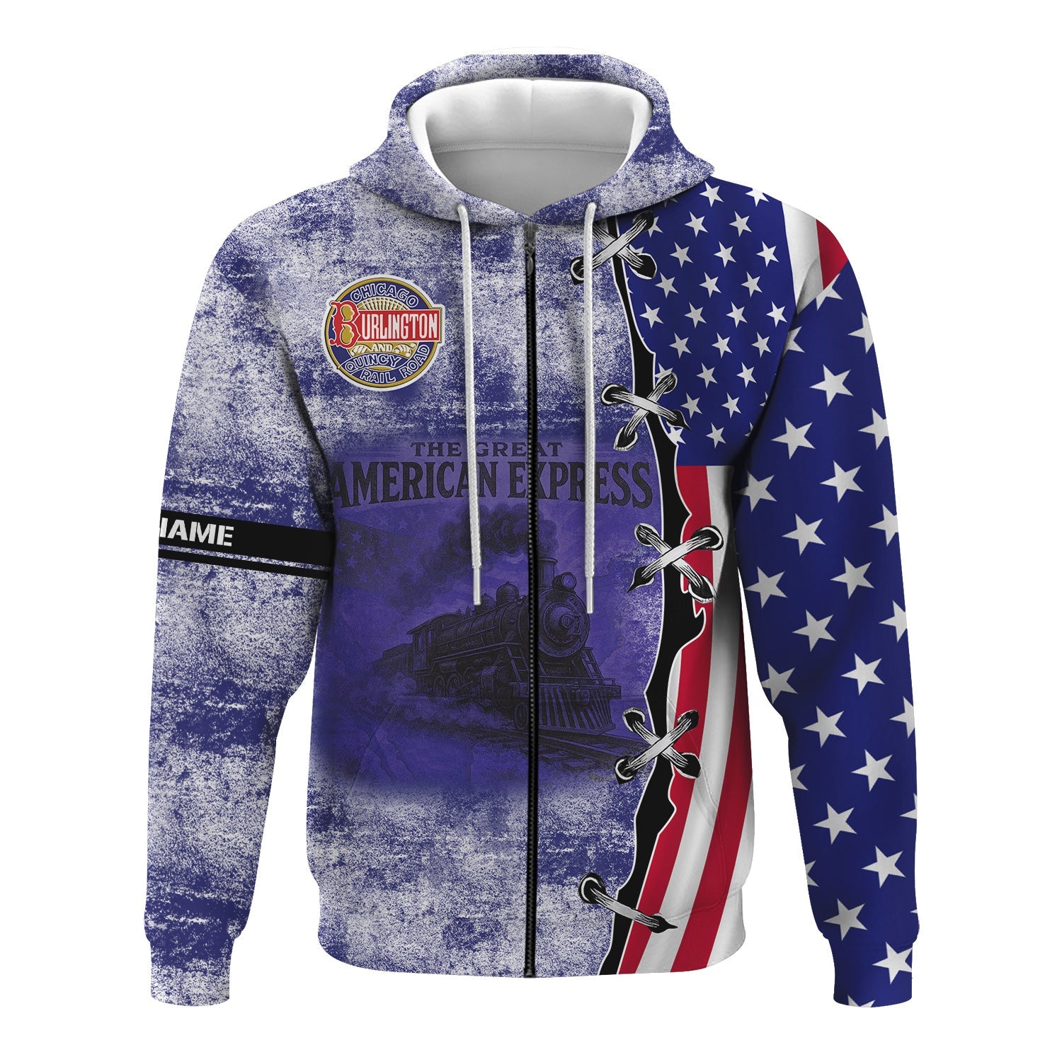 Railspirit Personalized Chicago, Burlington and Quincy Railroad Hoodie Retro American Express Train With USA Flag Zip Up Hoodie