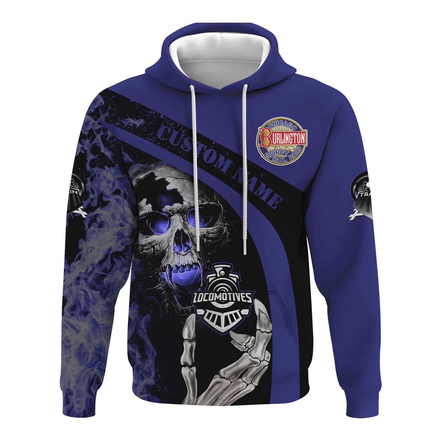 Railspirit Personalized Chicago, Burlington and Quincy Railroad Hoodie Flame Skull Design Train Zip Up Hoodie for Locomotive Fans
