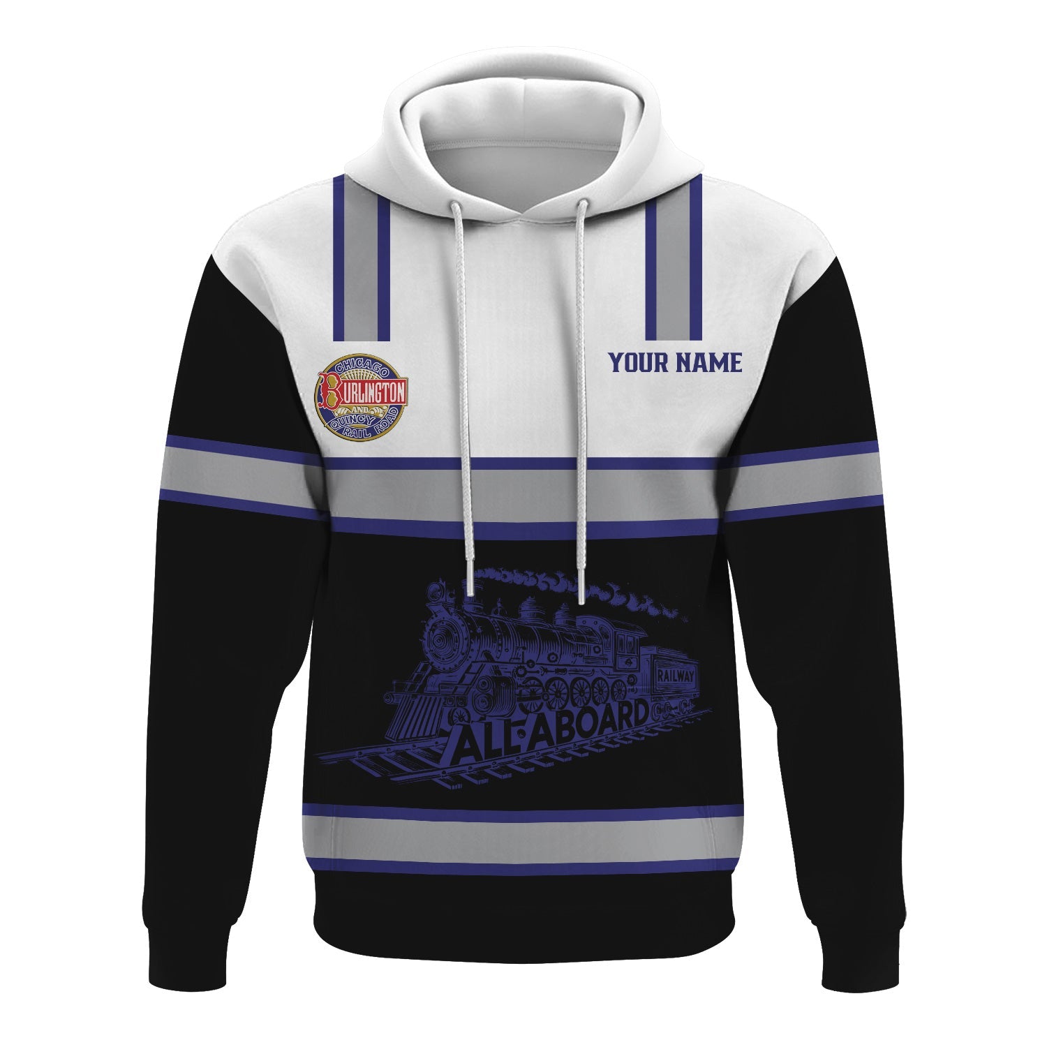 Railspirit Custom Name Chicago, Burlington and Quincy Railroad Hoodie Eat Train Sleep Repeat Printed Train Zip Hoodie