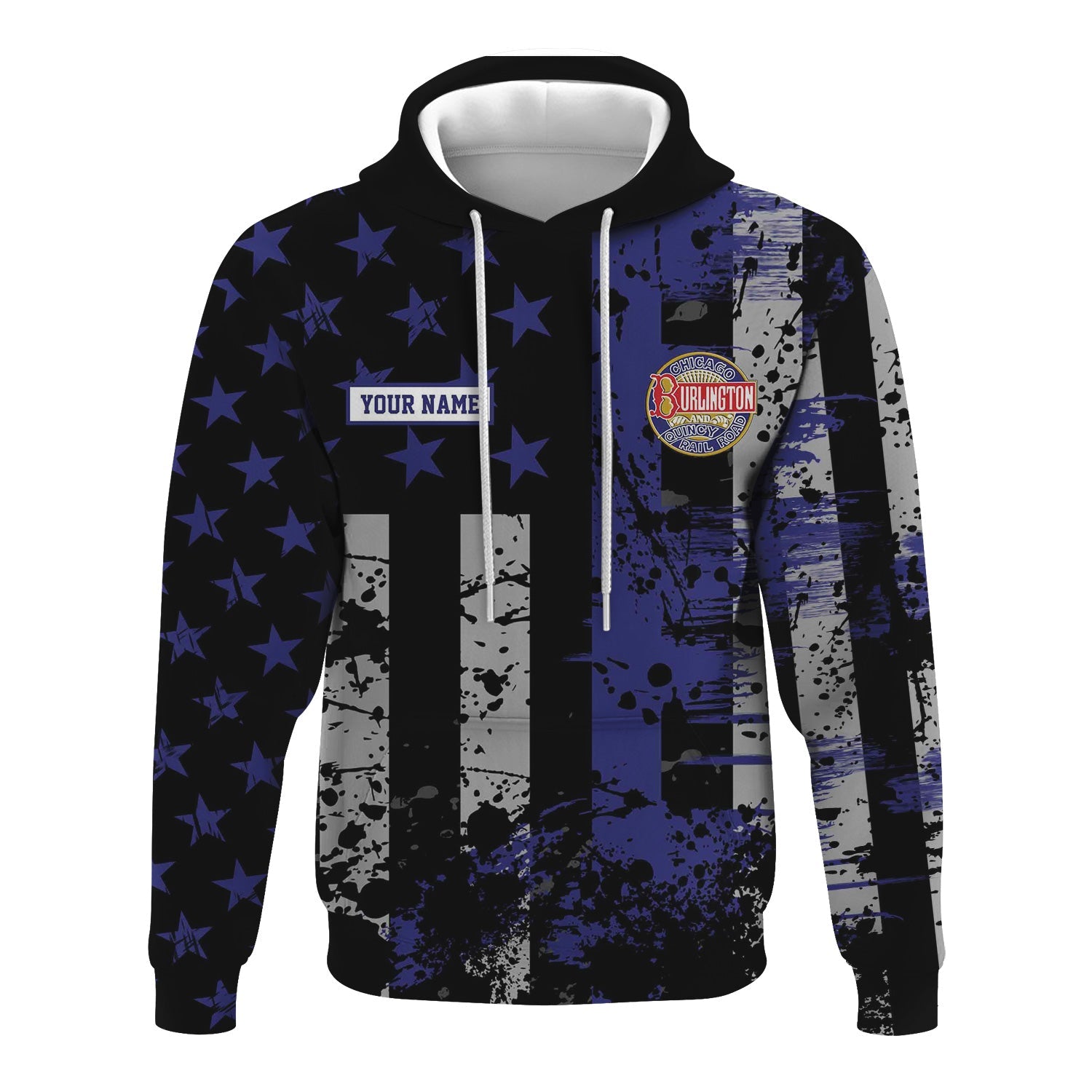 Railspirit Personalized Chicago, Burlington and Quincy Railroad Hoodie Artistic Paint American Flag Style Train Zip Up Hoodie