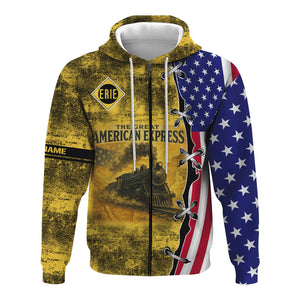 Railspirit Personalized Erie Railroad Hoodie Retro American Express Train With USA Flag Zip Up Hoodie