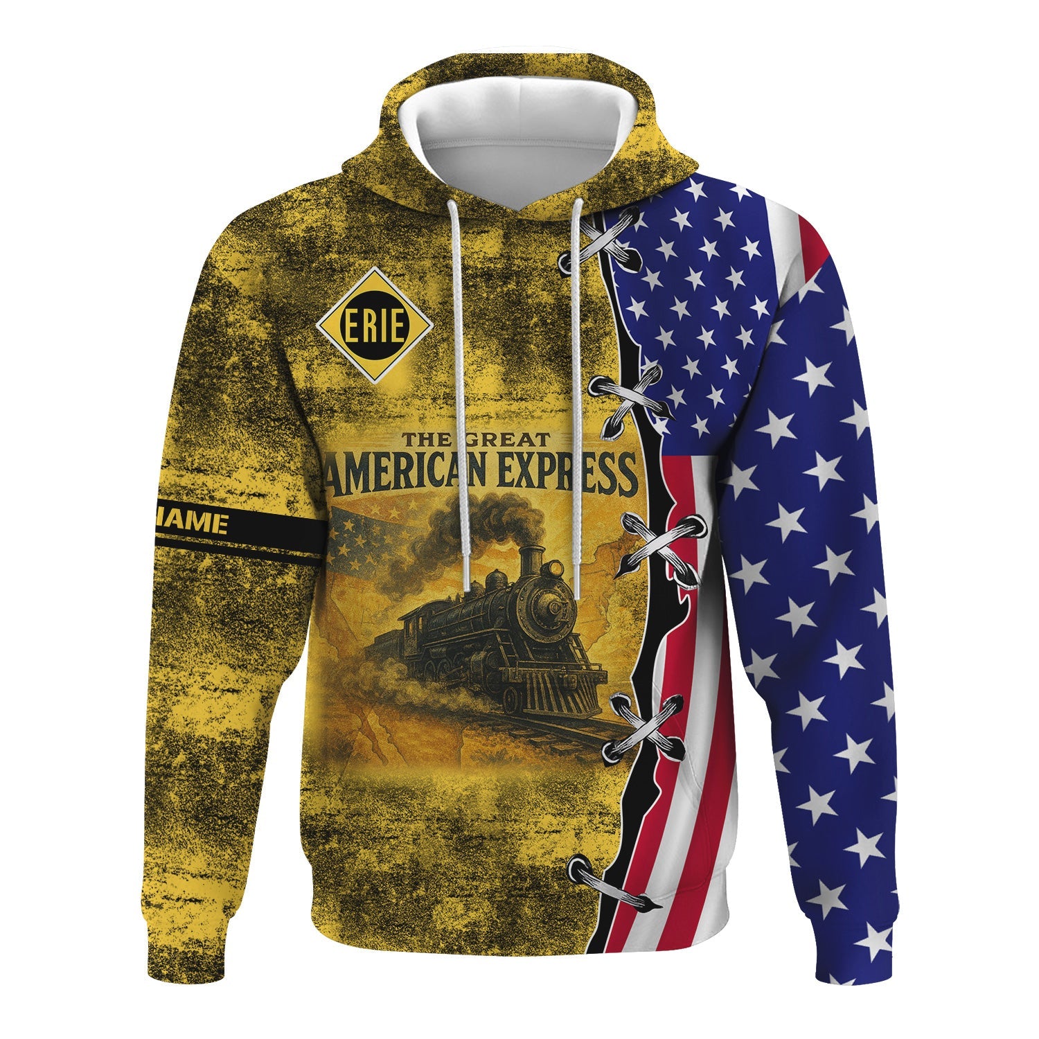 Railspirit Personalized Erie Railroad Hoodie Retro American Express Train With USA Flag Zip Up Hoodie