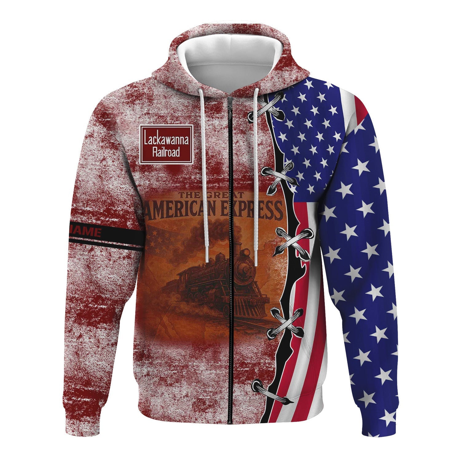 Railspirit Personalized Delaware, Lackawanna and Western Railroad Hoodie Retro American Express Train With USA Flag DL&W Zip Up Hoodie