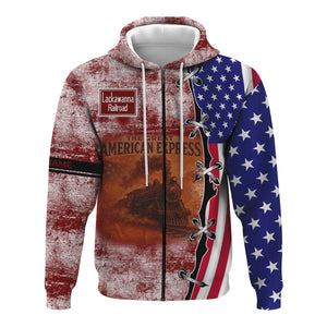 Railspirit Personalized Delaware, Lackawanna and Western Railroad Hoodie Retro American Express Train With USA Flag DL&W Zip Up Hoodie