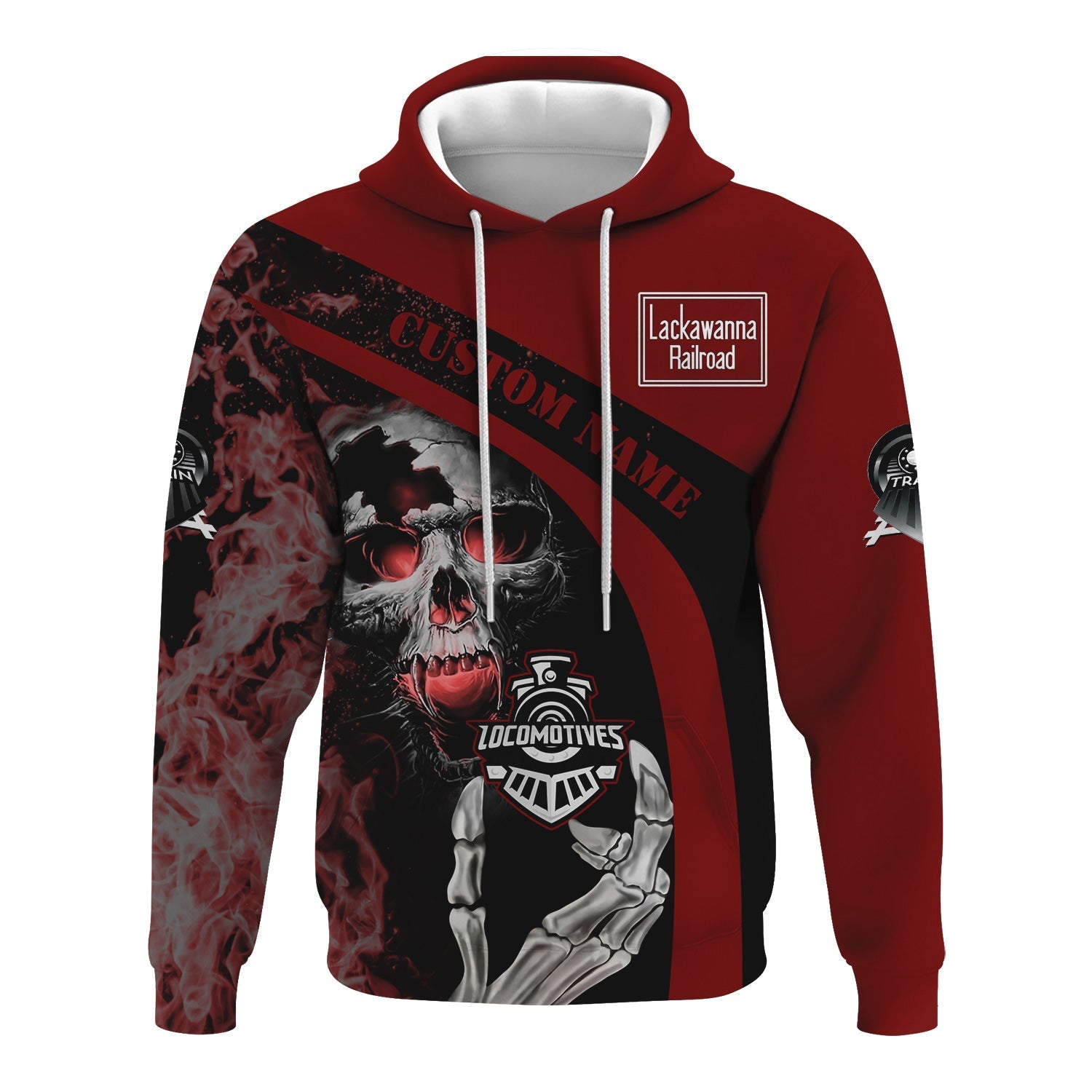 Railspirit Personalized Delaware, Lackawanna and Western Railroad Hoodie Flame Skull Design DL&W Train Zip Up Hoodie for Locomotive Fans