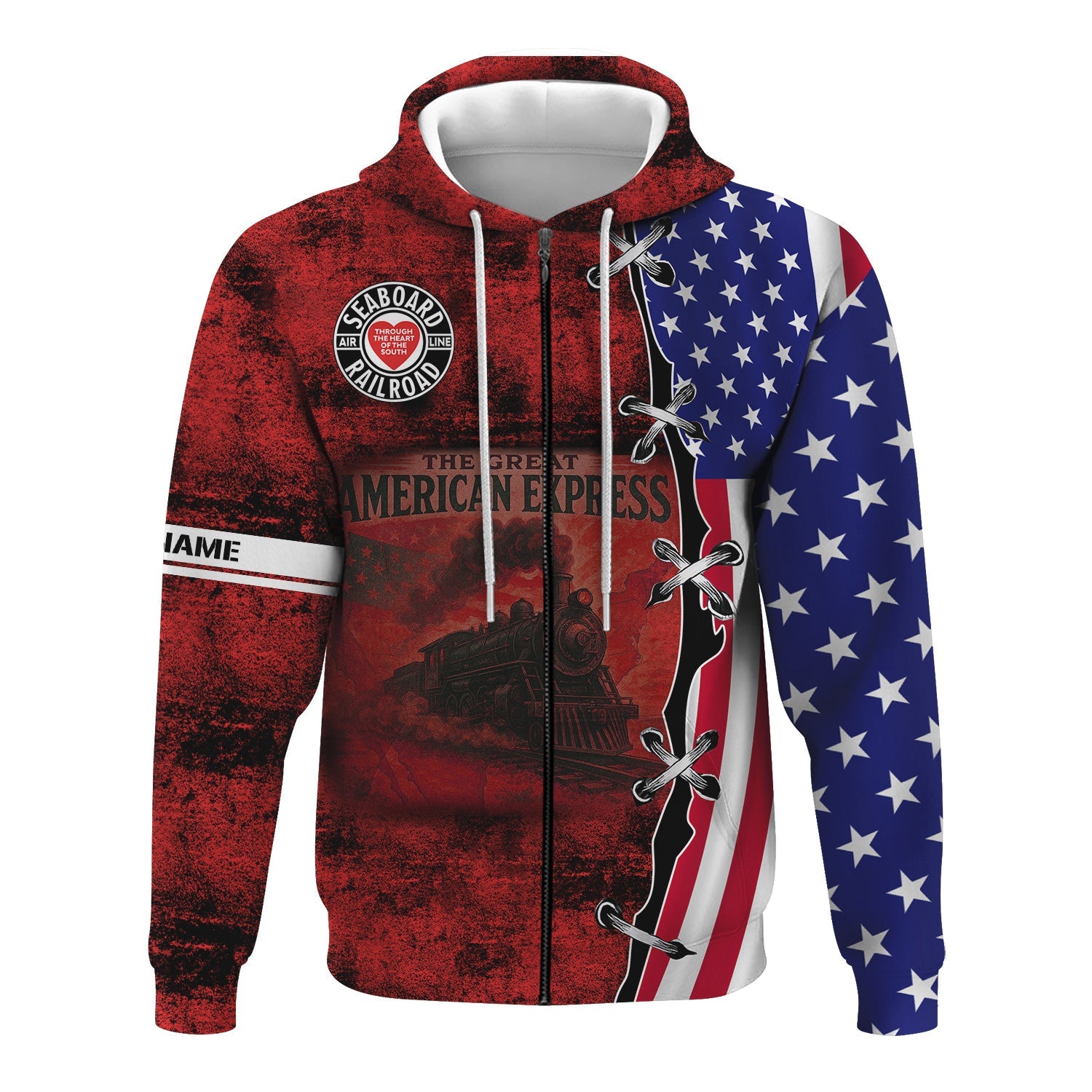 Railspirit Personalized Seaboard Air Line Railroad Hoodie Retro American Express Train With USA Flag Zip Up Hoodie