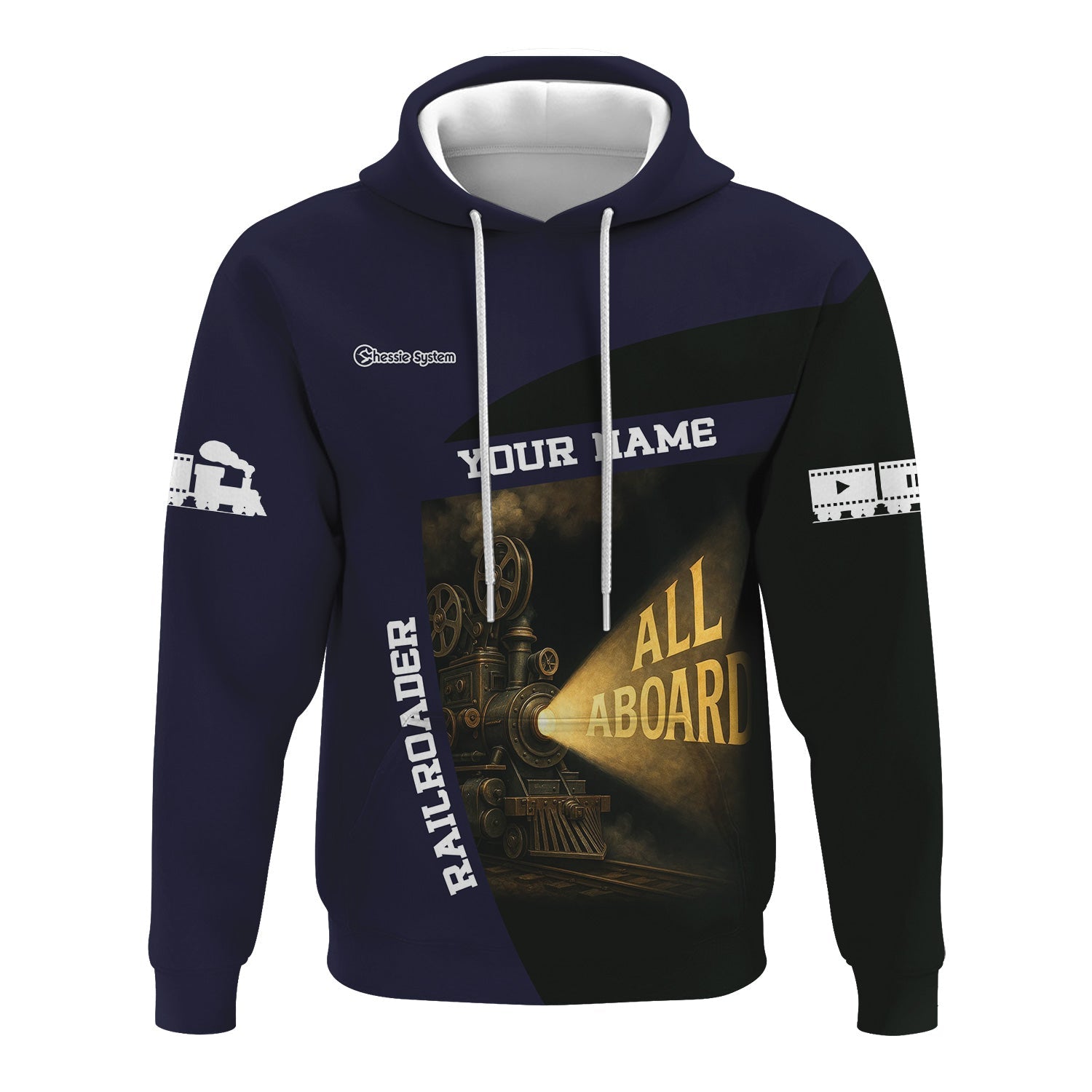 Railspirit Personalized Chessie System Railroad Hoodie All Aboard Steam Train Movie Projector Style Zip Up Hoodie