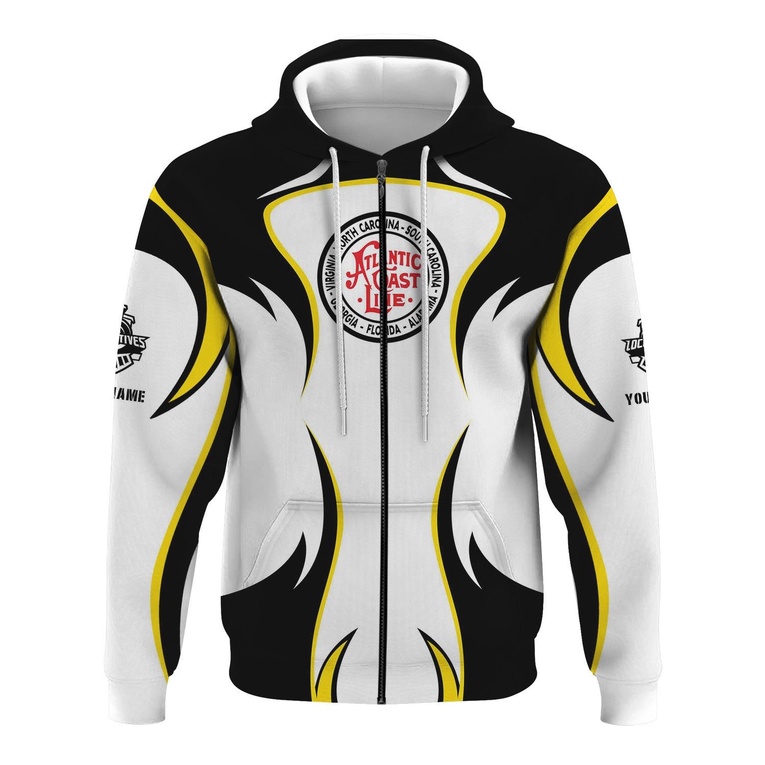 Railspirit Personalized Atlantic Coast Line Railroad Hoodie Distinctive Flame Style Zip Up Hoodie For Steam Engine Addict