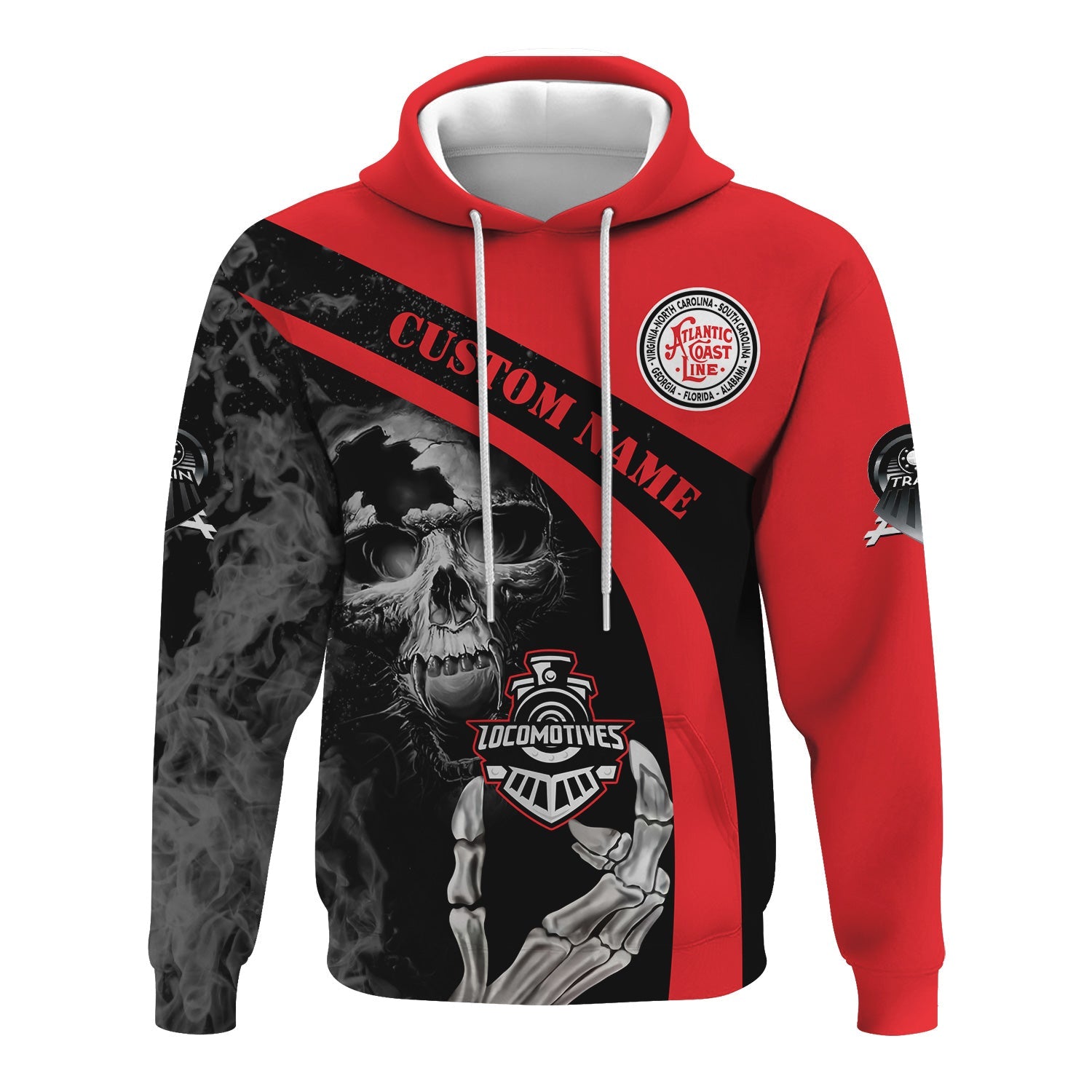 Railspirit Personalized Atlantic Coast Line Railroad Hoodie Flame Skull Design Train Zip Up Hoodie for Locomotive Fans