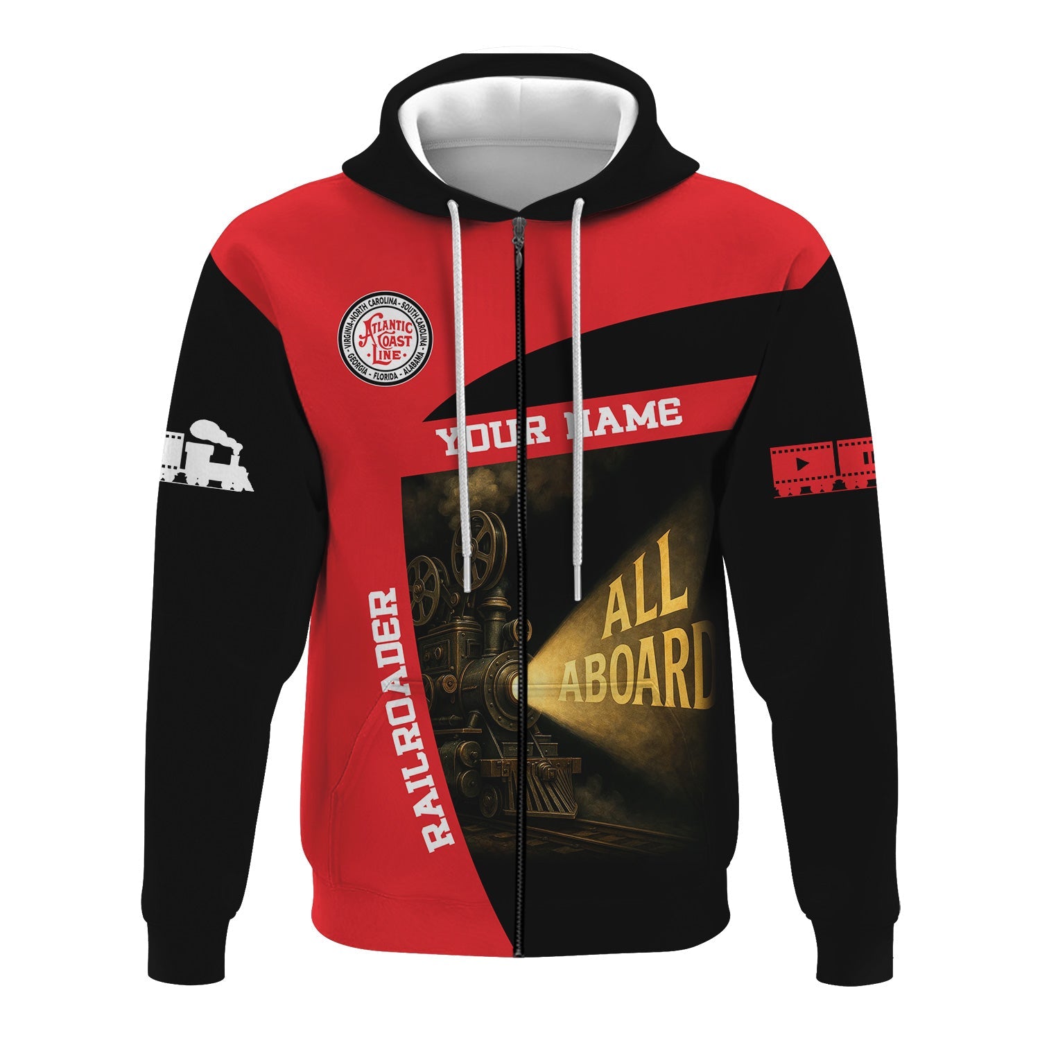 Railspirit Personalized Atlantic Coast Line Railroad Hoodie All Aboard Steam Train Movie Projector Style Zip Up Hoodie
