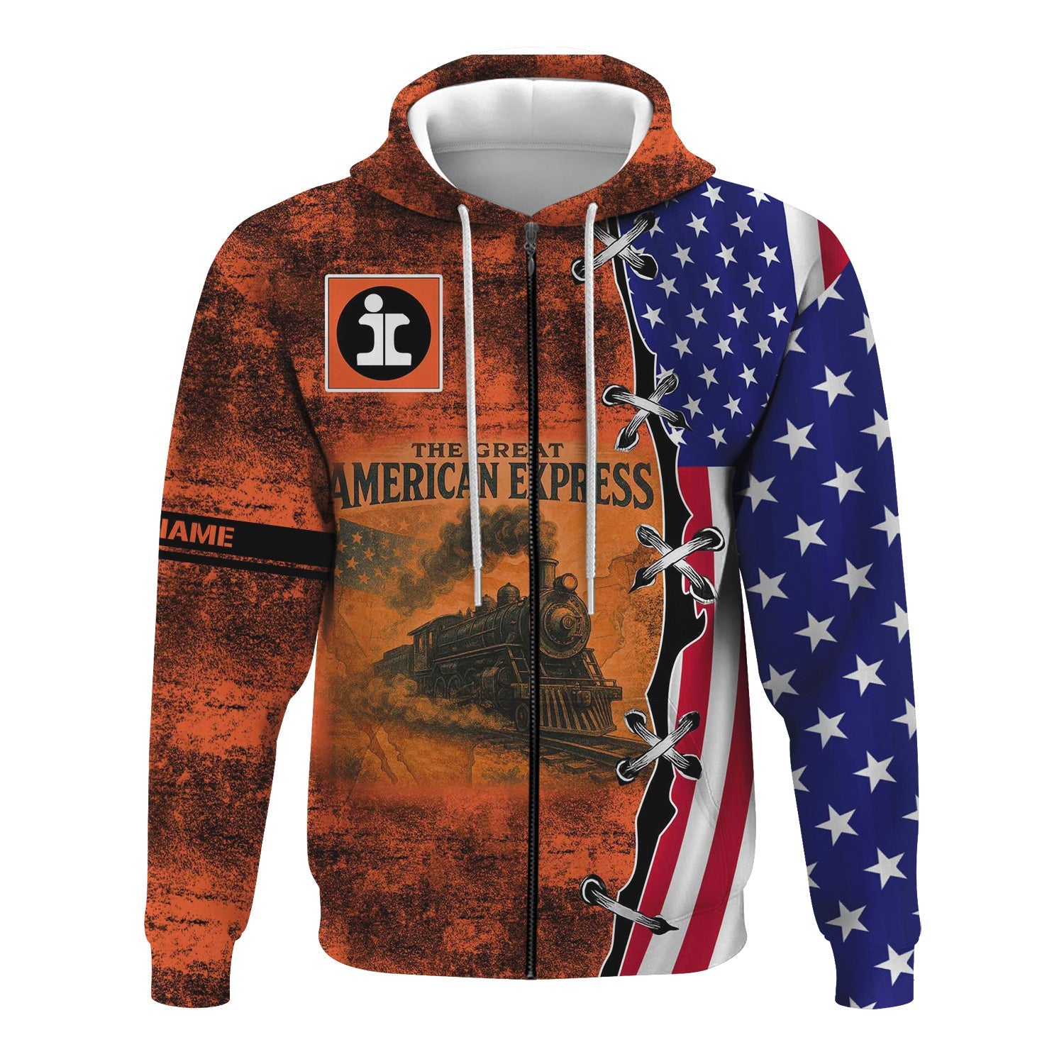 Railspirit Personalized Illinois Central Railroad Hoodie Retro American Express Train With USA Flag Zip Up Hoodie