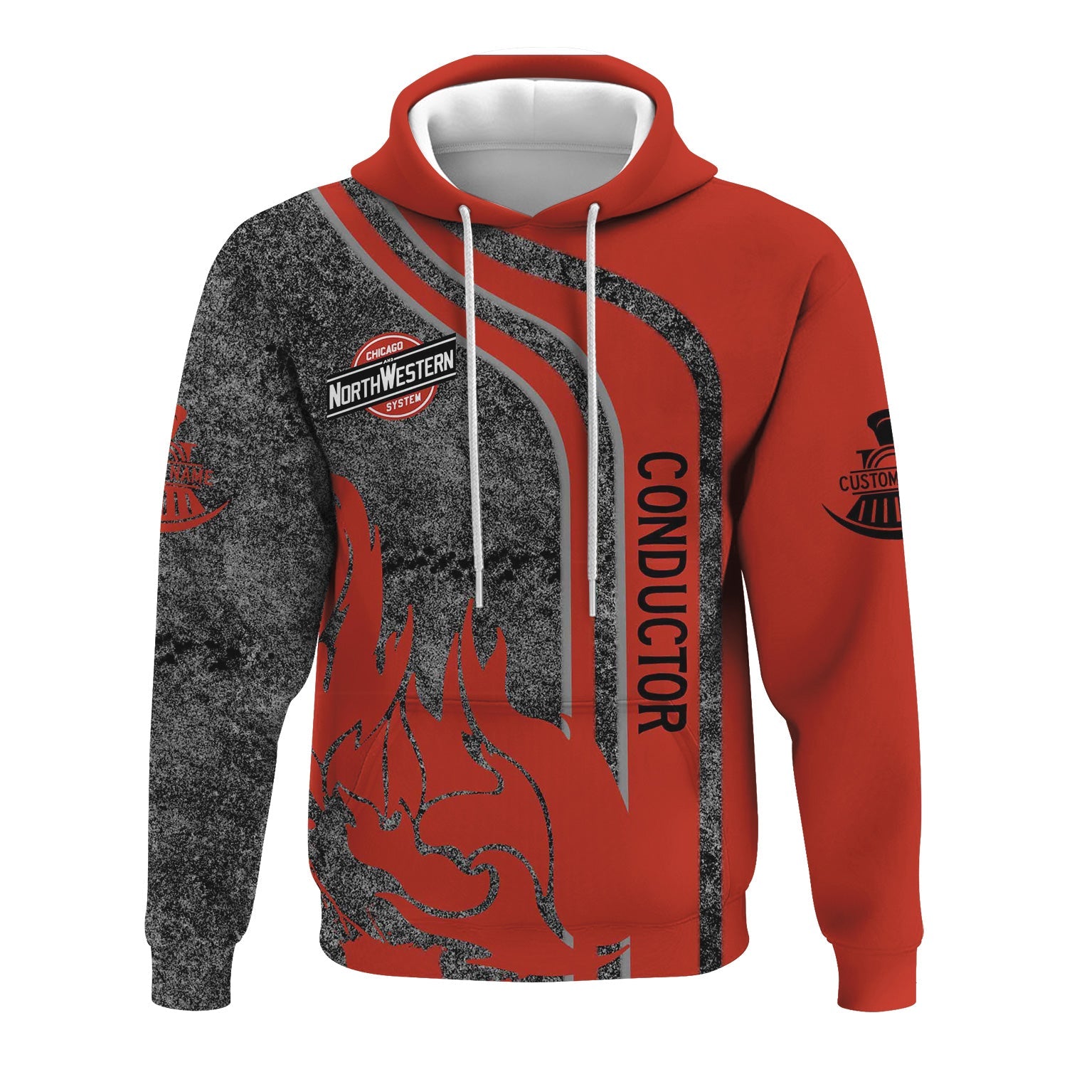 Railspirit Personalized Chicago and North Western Railway Hoodie Flame Design with Custom Job Position Train Zip Up Hoodie