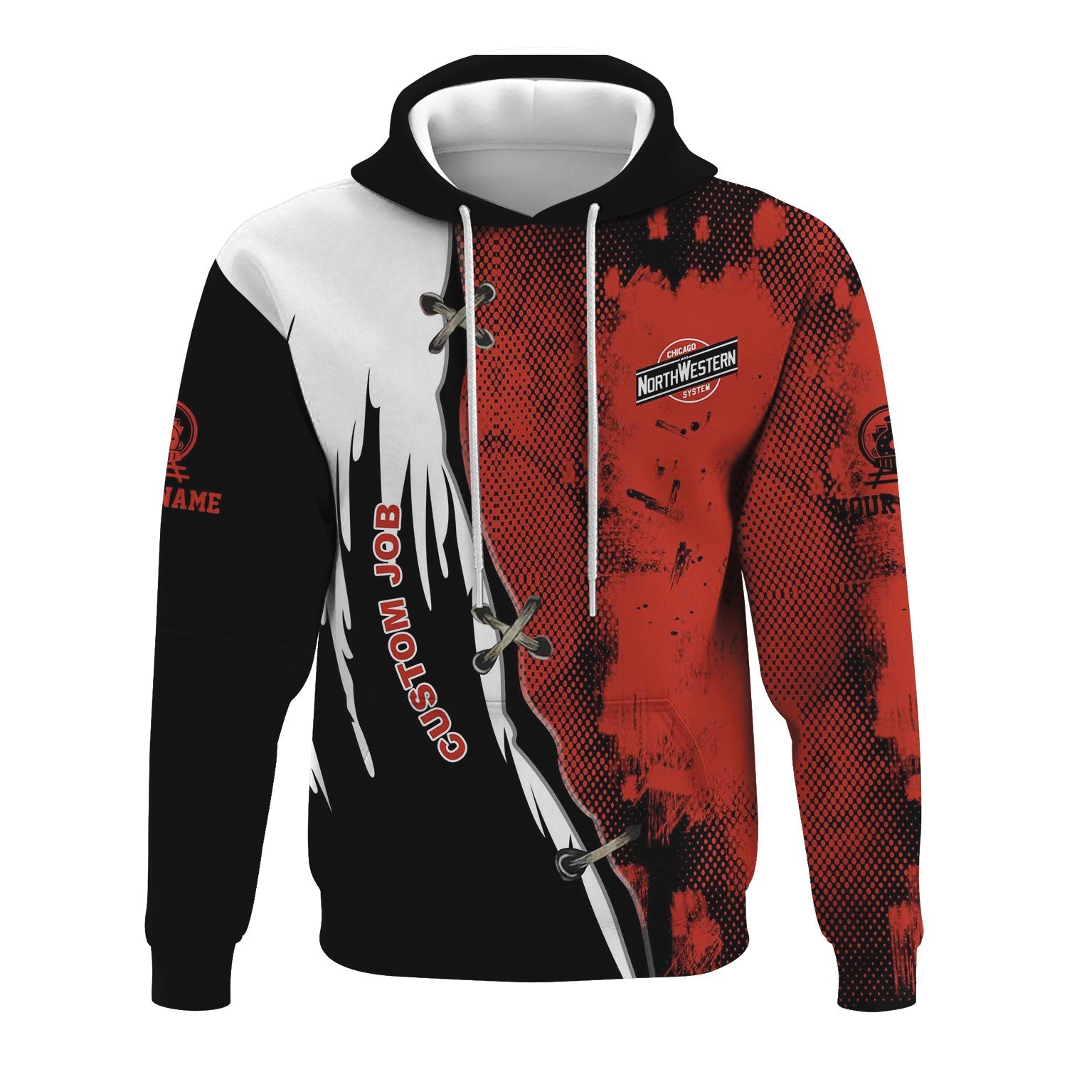 Railspirit Personalized Chicago and North Western Railway Hoodie Retro Stitches Design with Custom Position Train Zip Up Hoodie