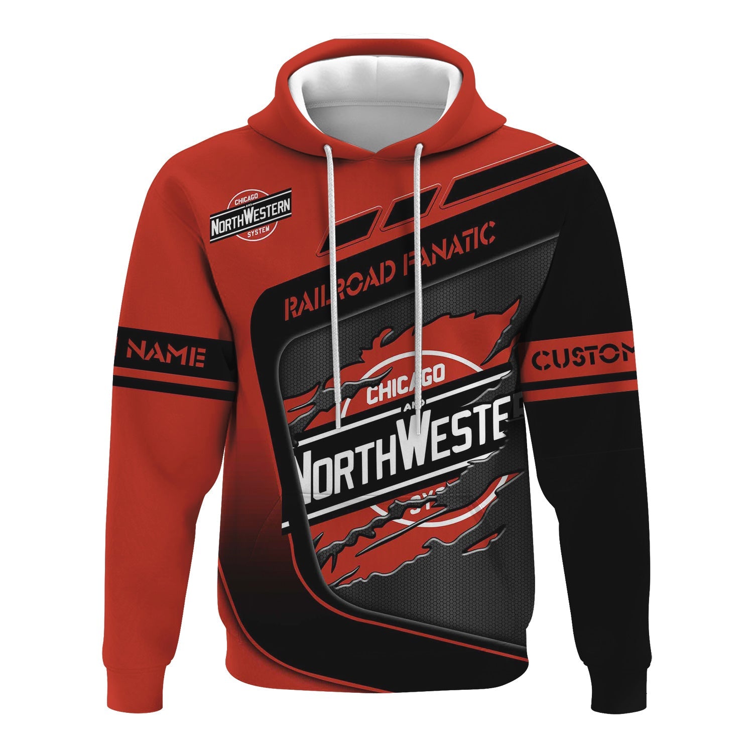 Railspirit Personalized Chicago and North Western Railway Hoodie Ripped Texture Style Train Zip Up Hoodie For Railroad Fanatic